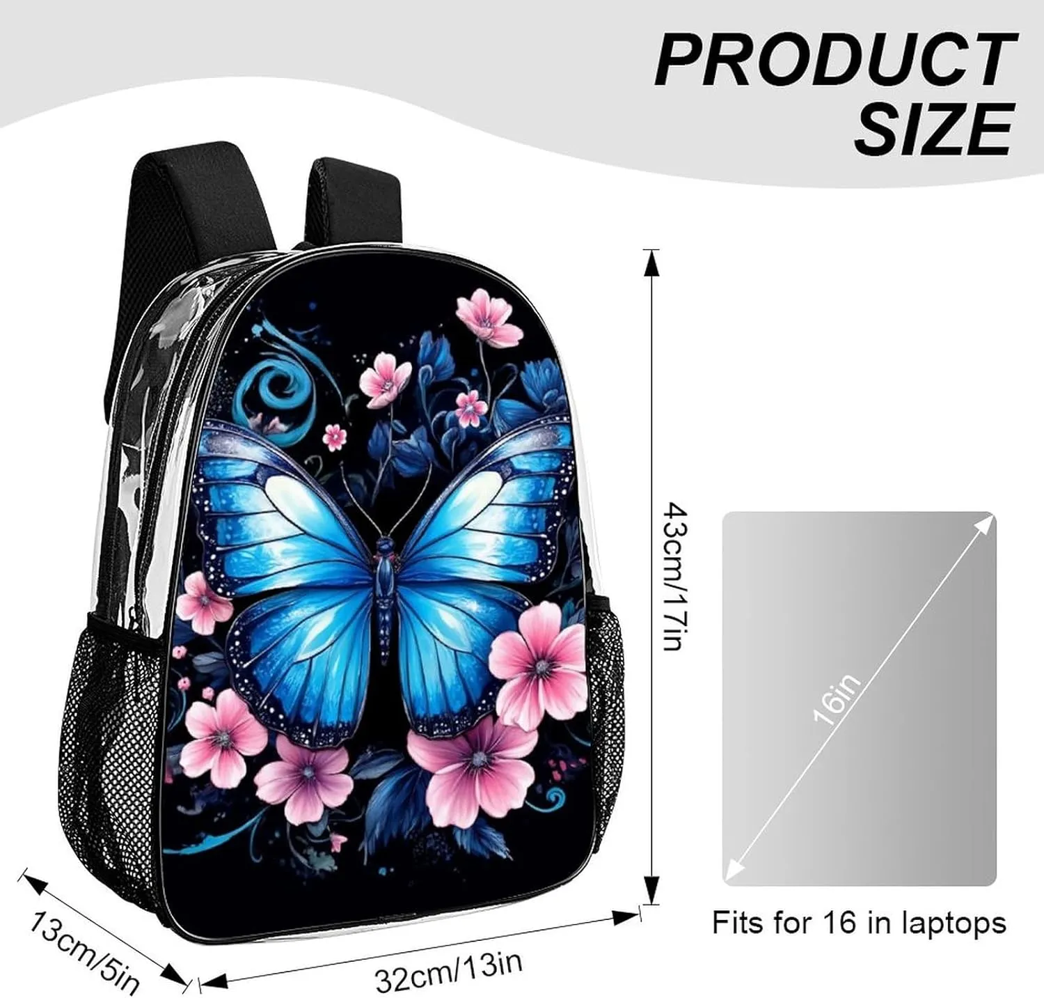 Supdreamc Lightweight Daypack Backpack for Trekking Work Running - Big Capacity Multipurpose Transparent Bookbag, Blue Butterfly Business Computer Bag