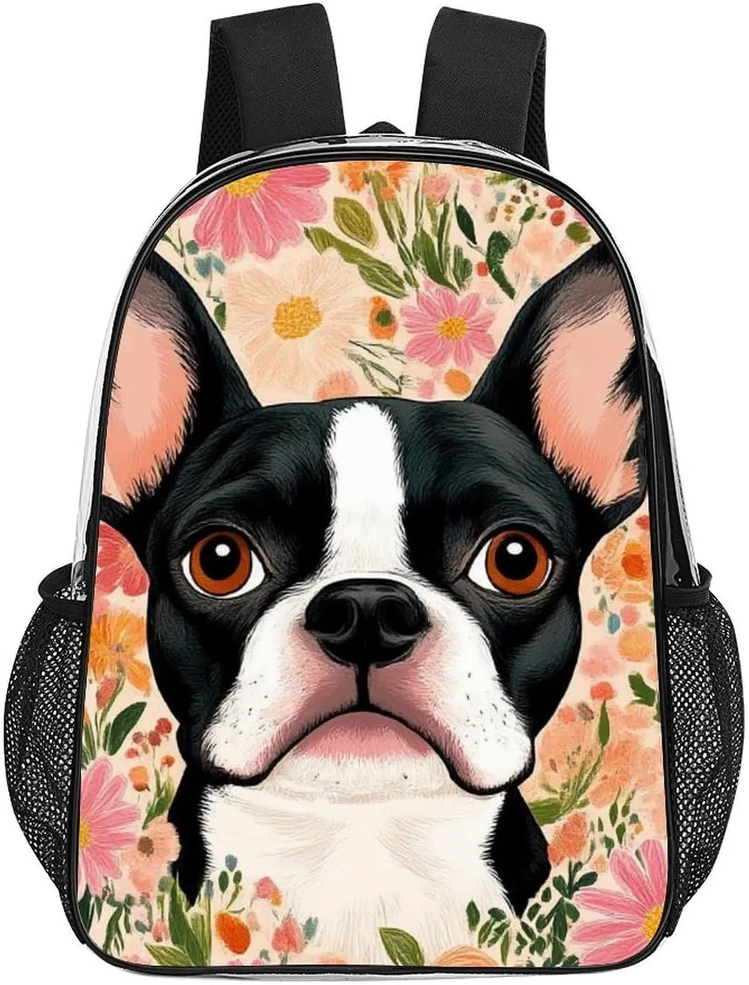Supdreamc Lightweight Daypack for Camping Business Walking Cycling - Large Capacity Transparent Multipurpose Bookbag, Boston Terrier Floral Gym Outdoor Hiking Backpack