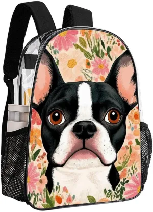 Supdreamc Lightweight Daypack for Camping Business Walking Cycling - Large Capacity Transparent Multipurpose Bookbag, Boston Terrier Floral Gym Outdoor Hiking Backpack