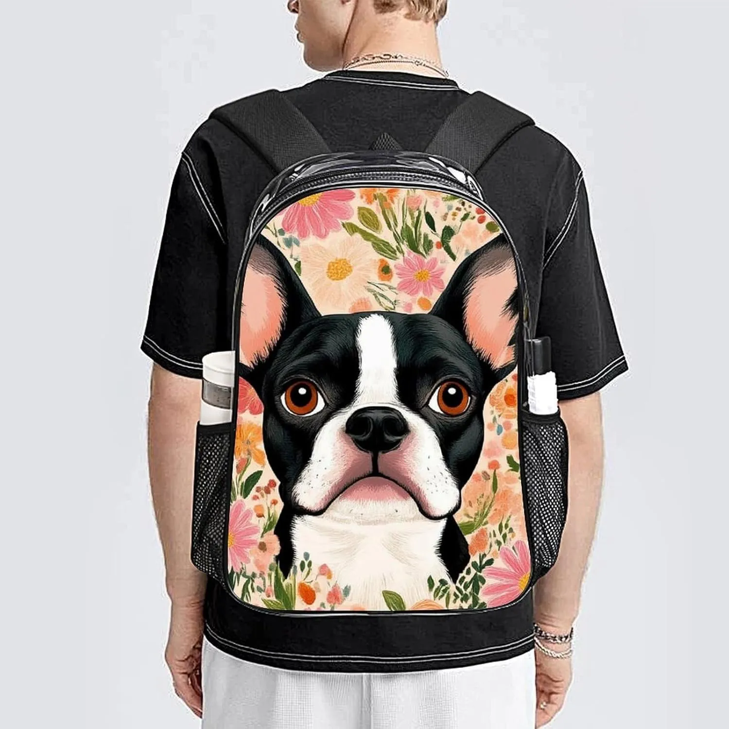 Supdreamc Lightweight Daypack for Camping Business Walking Cycling - Large Capacity Transparent Multipurpose Bookbag, Boston Terrier Floral Gym Outdoor Hiking Backpack