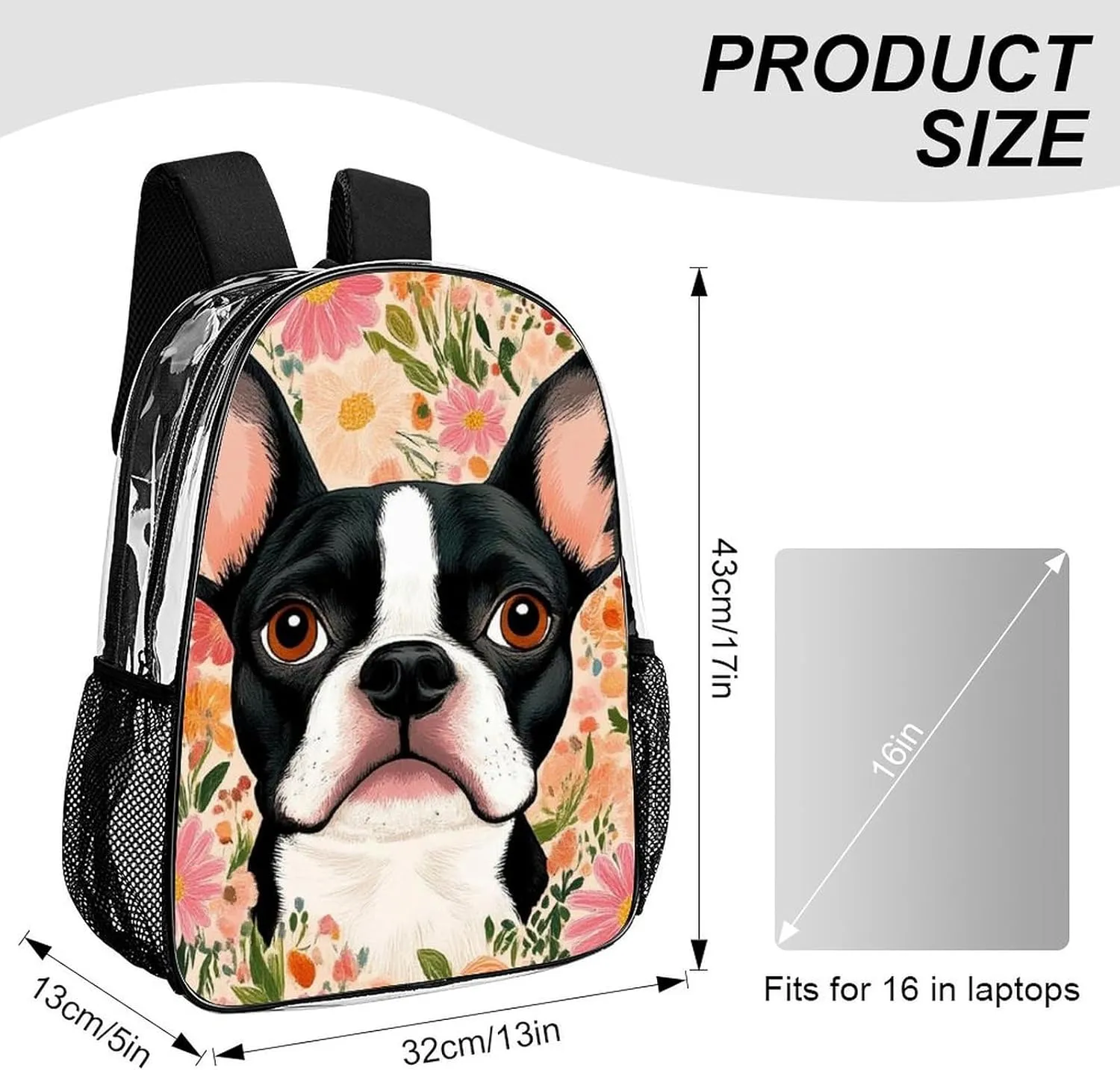 Supdreamc Lightweight Daypack for Camping Business Walking Cycling - Large Capacity Transparent Multipurpose Bookbag, Boston Terrier Floral Gym Outdoor Hiking Backpack