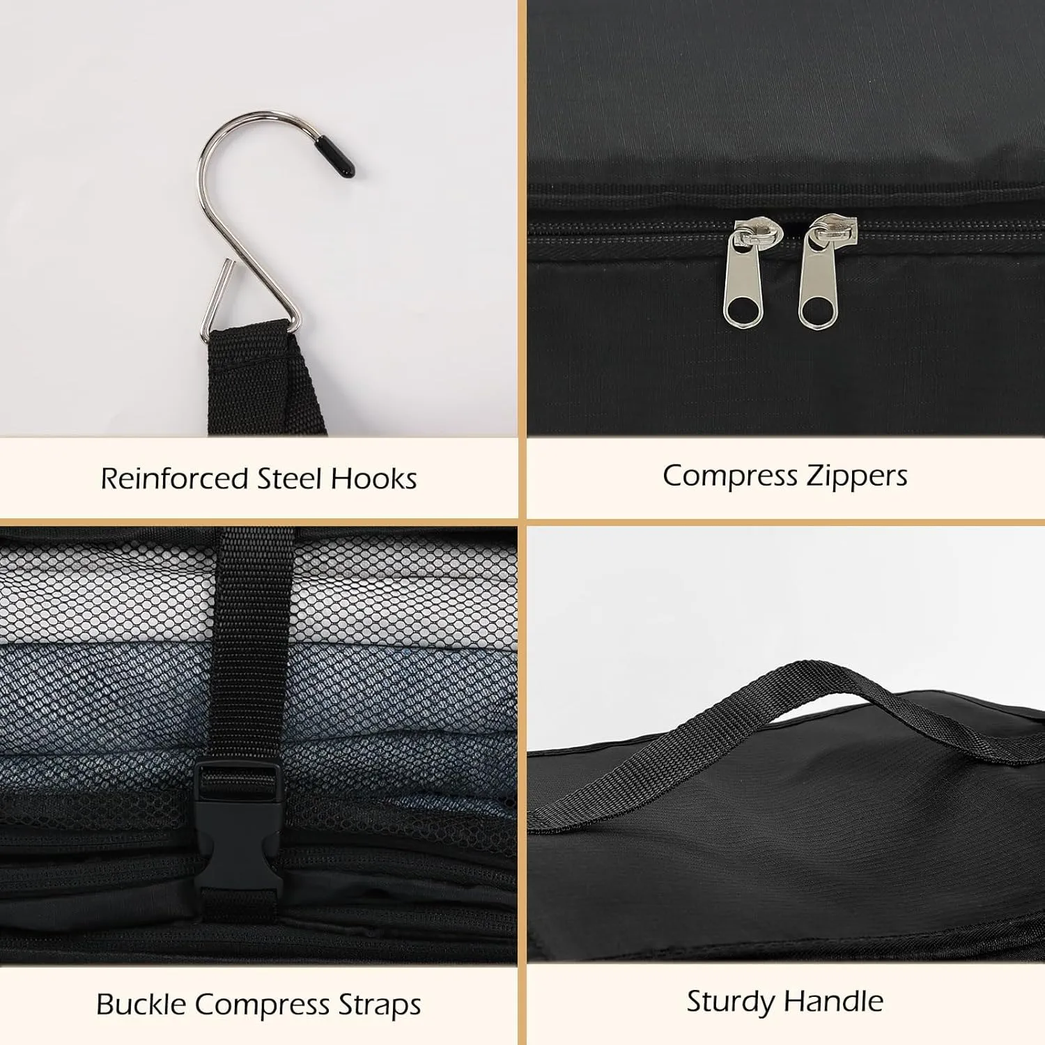 Surblue Hanging Shelves Travel Storage Bag Compression Packing Cube for Suitcase Collapsible with Extension Layer Large Capacity, Black,XL