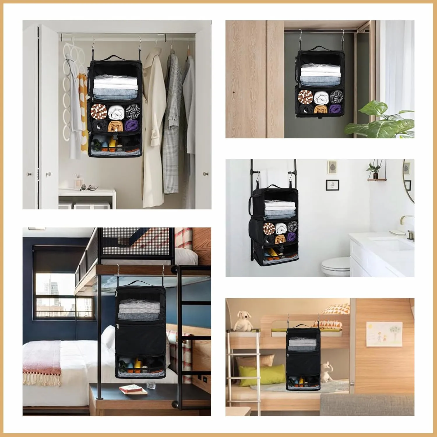 Surblue Hanging Shelves Travel Storage Bag Compression Packing Cube for Suitcase Collapsible with Extension Layer Large Capacity, Black,XL