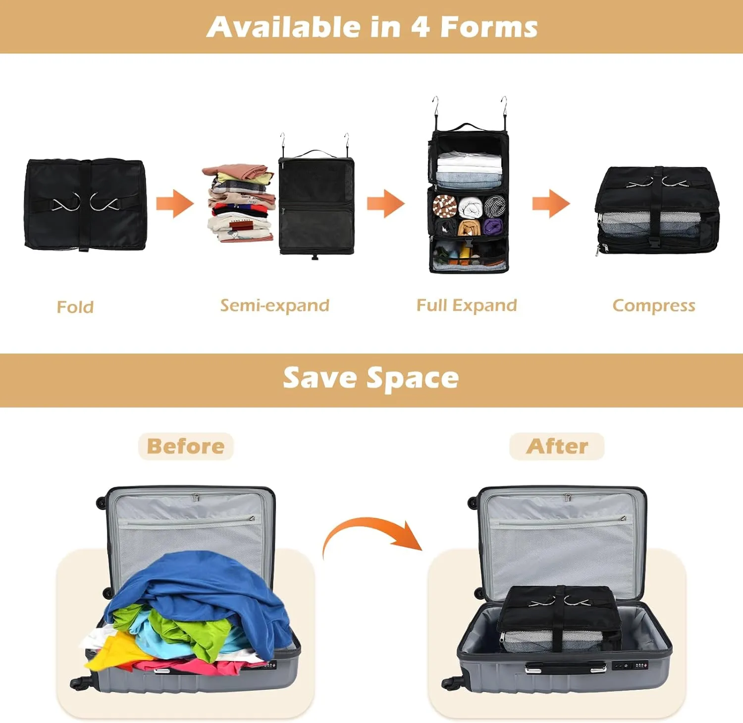 Surblue Hanging Shelves Travel Storage Bag Compression Packing Cube for Suitcase Collapsible with Extension Layer Large Capacity, Black,XL