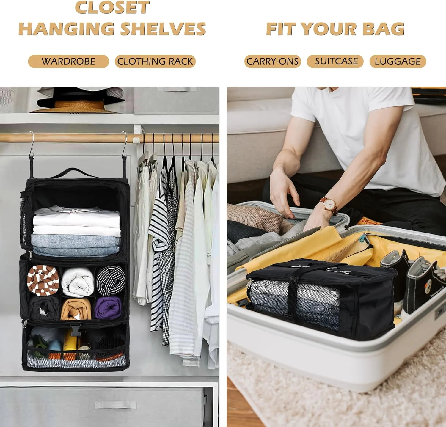 Surblue Hanging Shelves Travel Storage Bag Compression Packing Cube for Suitcase Collapsible with Extension Layer Large Capacity, Black,XL