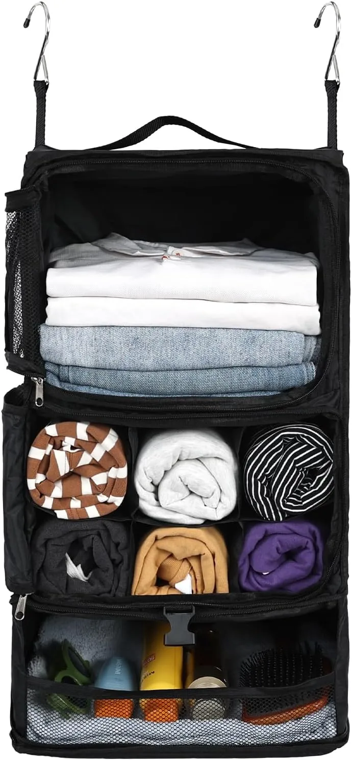 Surblue Hanging Shelves Travel Storage Bag Compression Packing Cube for Suitcase Collapsible with Extension Layer Large Capacity, Black,XL
