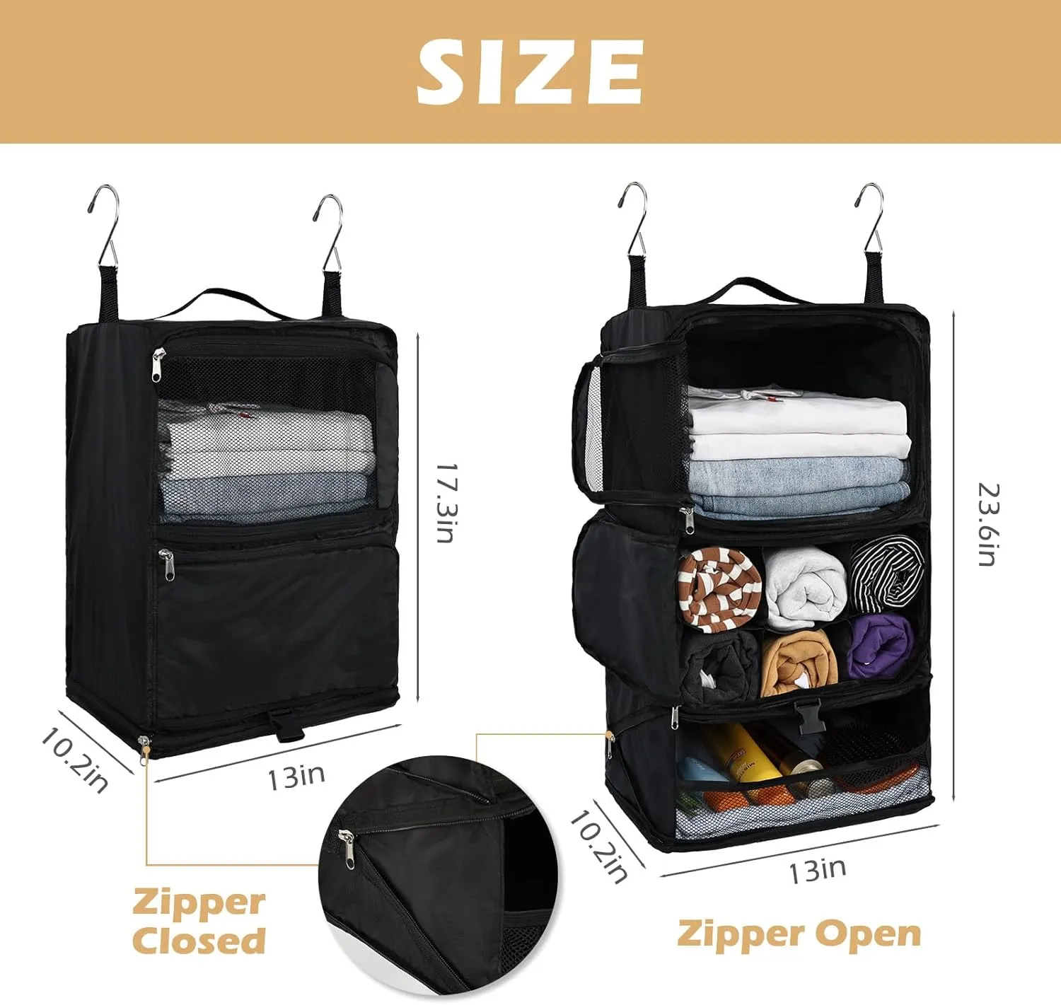 Surblue Hanging Shelves Travel Storage Bag Compression Packing Cube for Suitcase Collapsible with Extension Layer Large Capacity, Black,XL