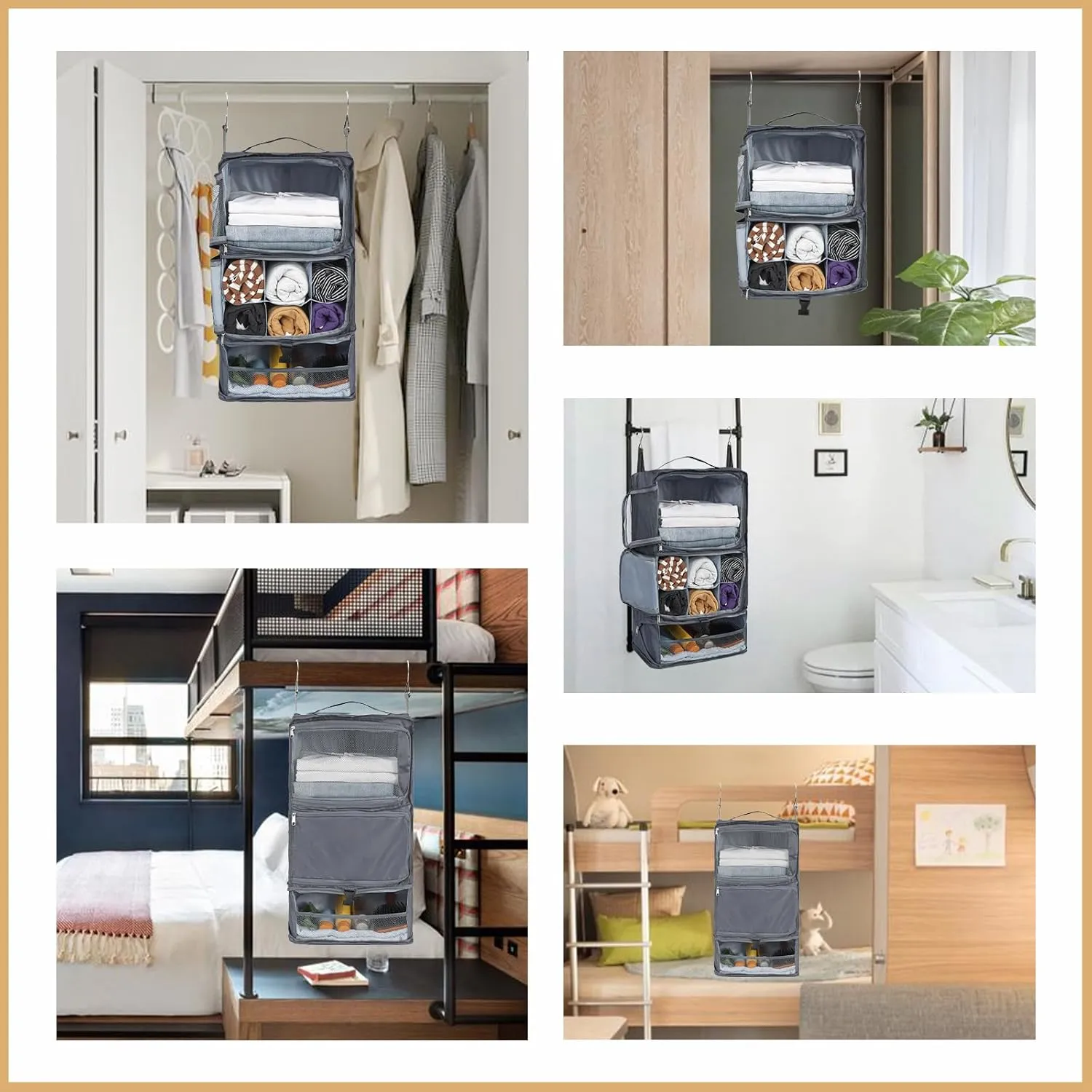 Surblue Hanging Shelves Travel Storage Bag Compression Packing Cube for Suitcase Collapsible with Extension Layer Large Capacity, Grey,XL