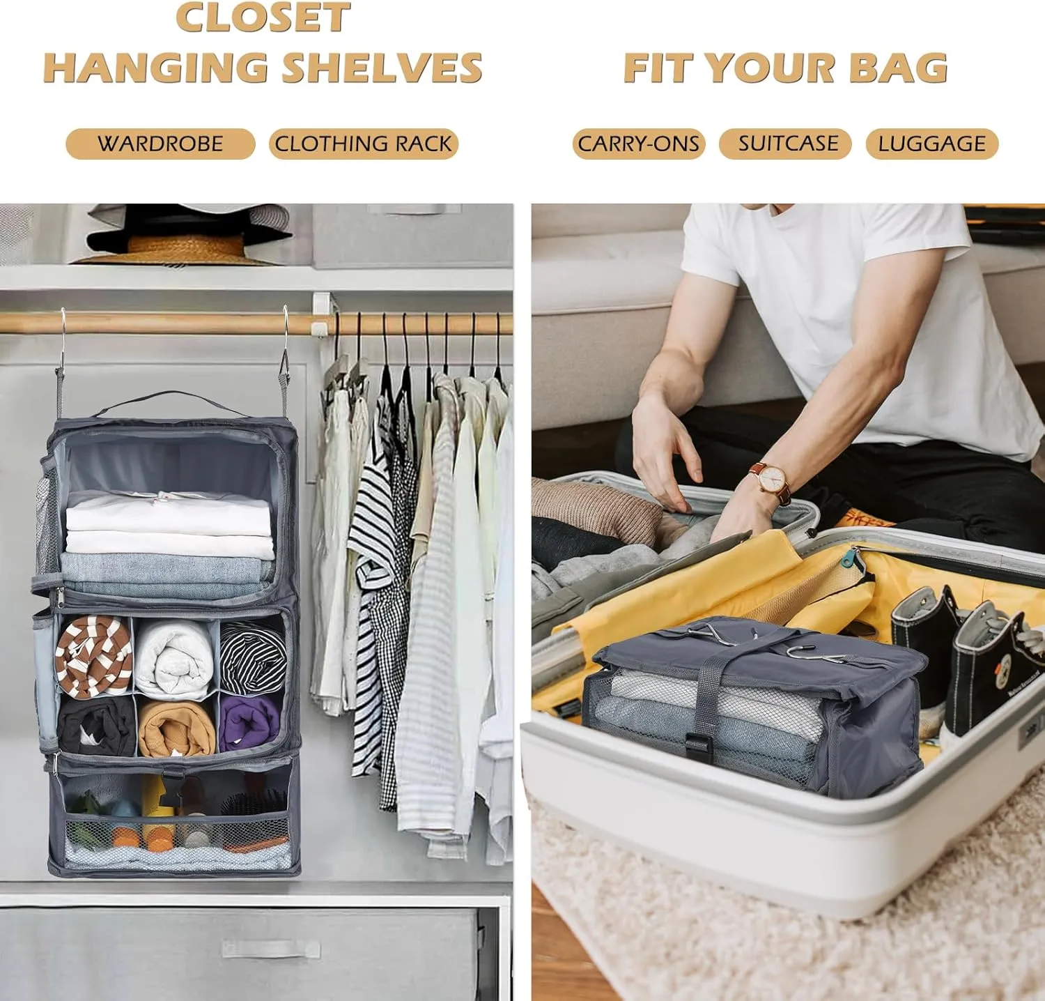 Surblue Hanging Shelves Travel Storage Bag Compression Packing Cube for Suitcase Collapsible with Extension Layer Large Capacity, Grey,XL