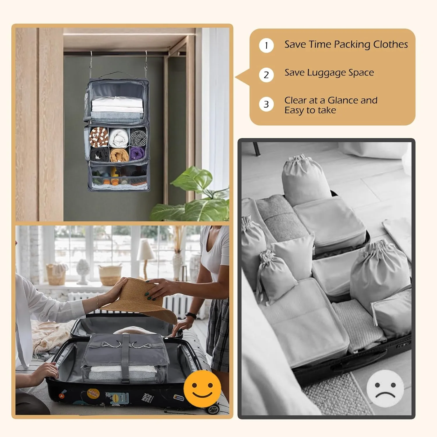Surblue Hanging Shelves Travel Storage Bag Compression Packing Cube for Suitcase Collapsible with Extension Layer Large Capacity, Grey,XL