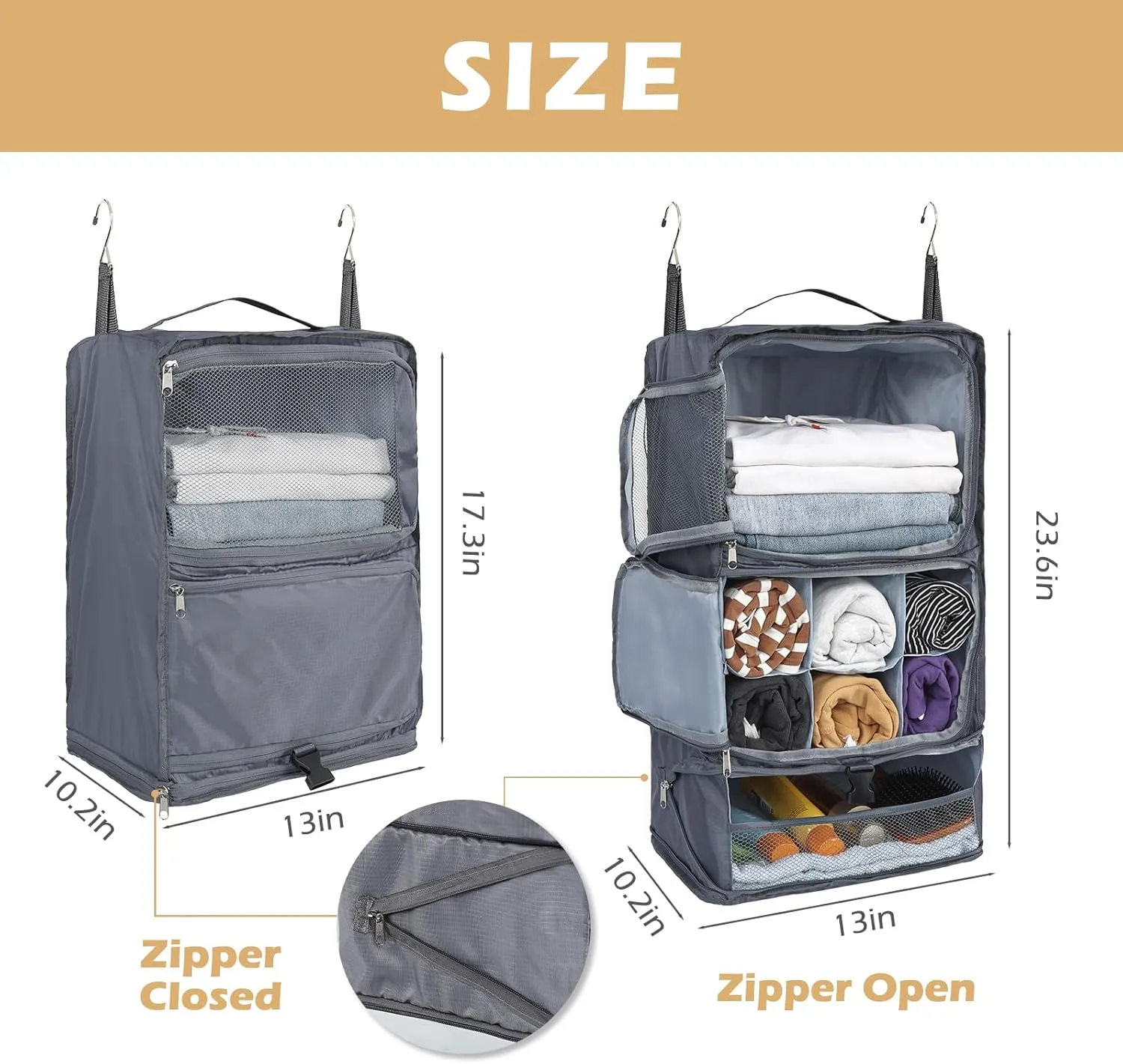 Surblue Hanging Shelves Travel Storage Bag Compression Packing Cube for Suitcase Collapsible with Extension Layer Large Capacity, Grey,XL