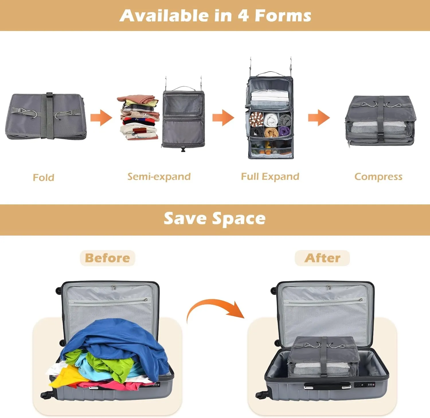 Surblue Hanging Shelves Travel Storage Bag Compression Packing Cube for Suitcase Collapsible with Extension Layer Large Capacity, Grey,XL