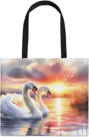 Swans Lake Sunset Canvas Tote Bag for Women Men Stylish Tote Handbag Shoulder Bag Reusable Grocery Bag
