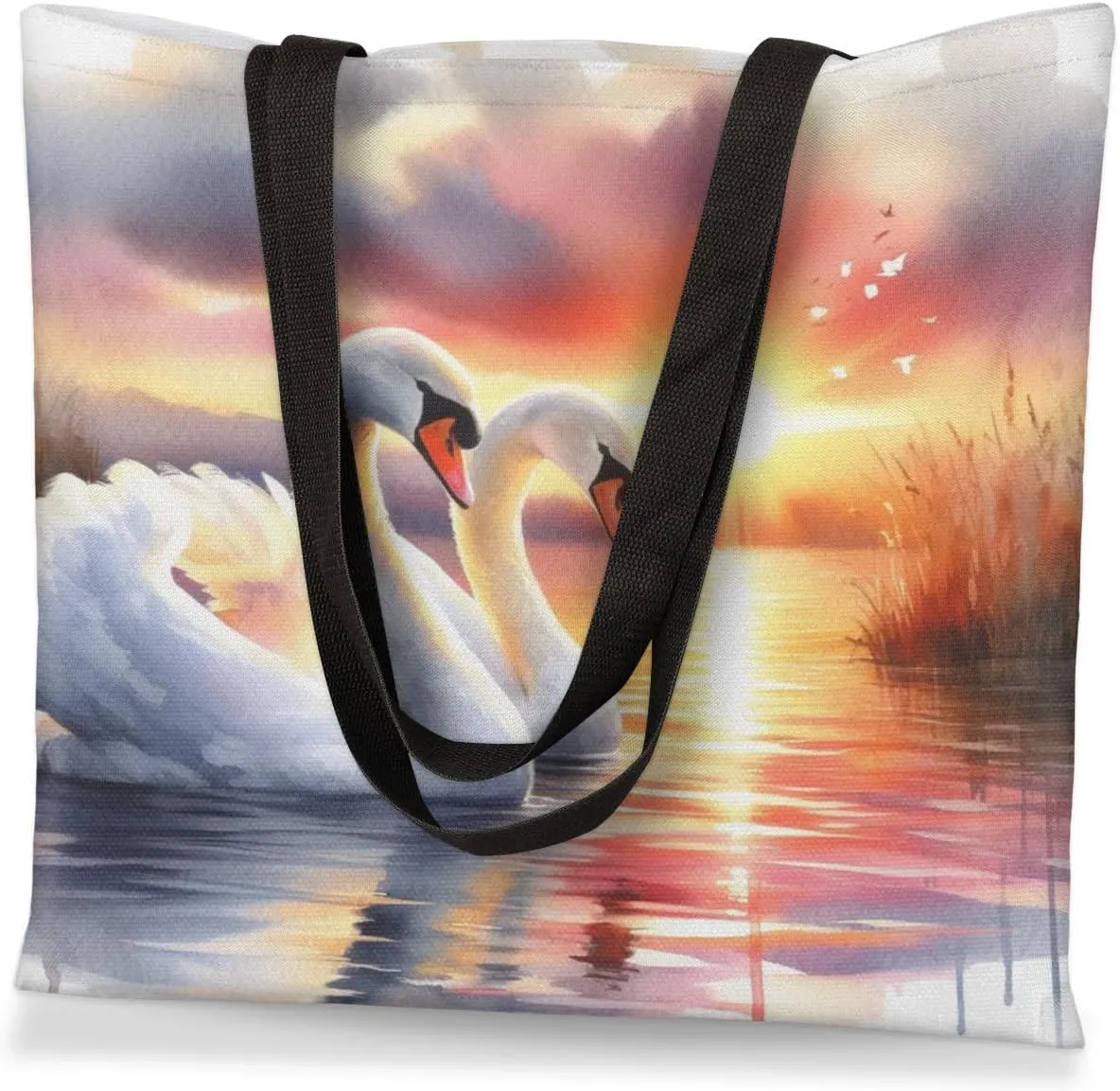 Swans Lake Sunset Canvas Tote Bag for Women Men Stylish Tote Handbag Shoulder Bag Reusable Grocery Bag