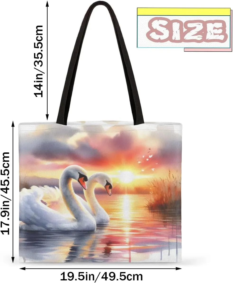 Swans Lake Sunset Canvas Tote Bag for Women Men Stylish Tote Handbag Shoulder Bag Reusable Grocery Bag