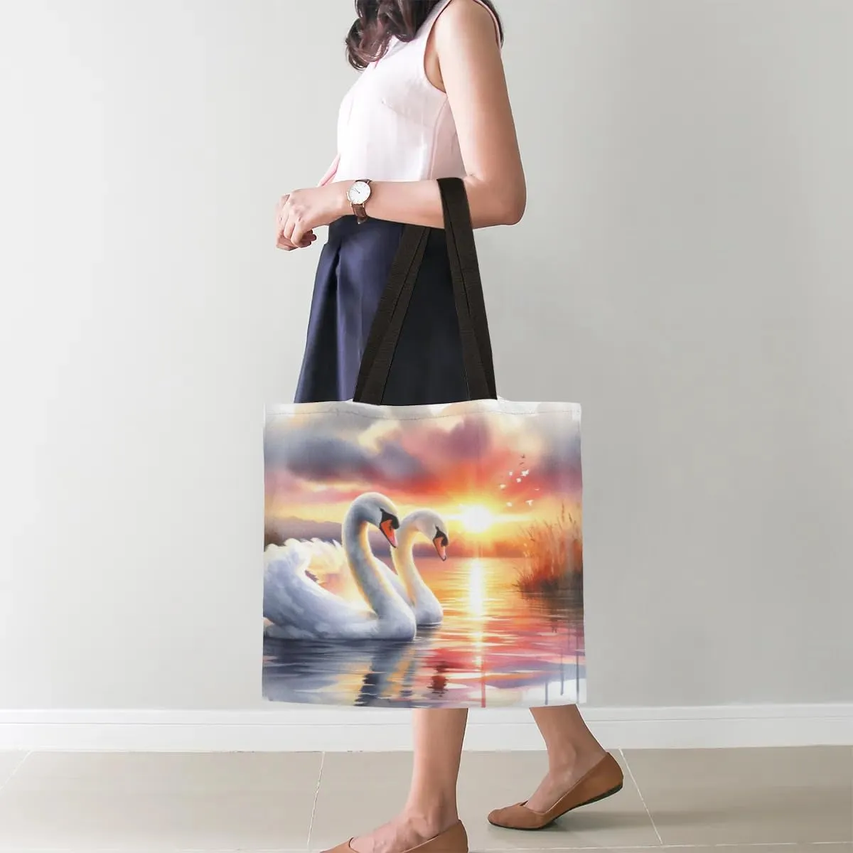 Swans Lake Sunset Canvas Tote Bag for Women Men Stylish Tote Handbag Shoulder Bag Reusable Grocery Bag
