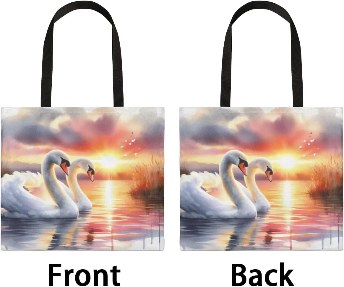 Swans Lake Sunset Canvas Tote Bag for Women Men Stylish Tote Handbag Shoulder Bag Reusable Grocery Bag