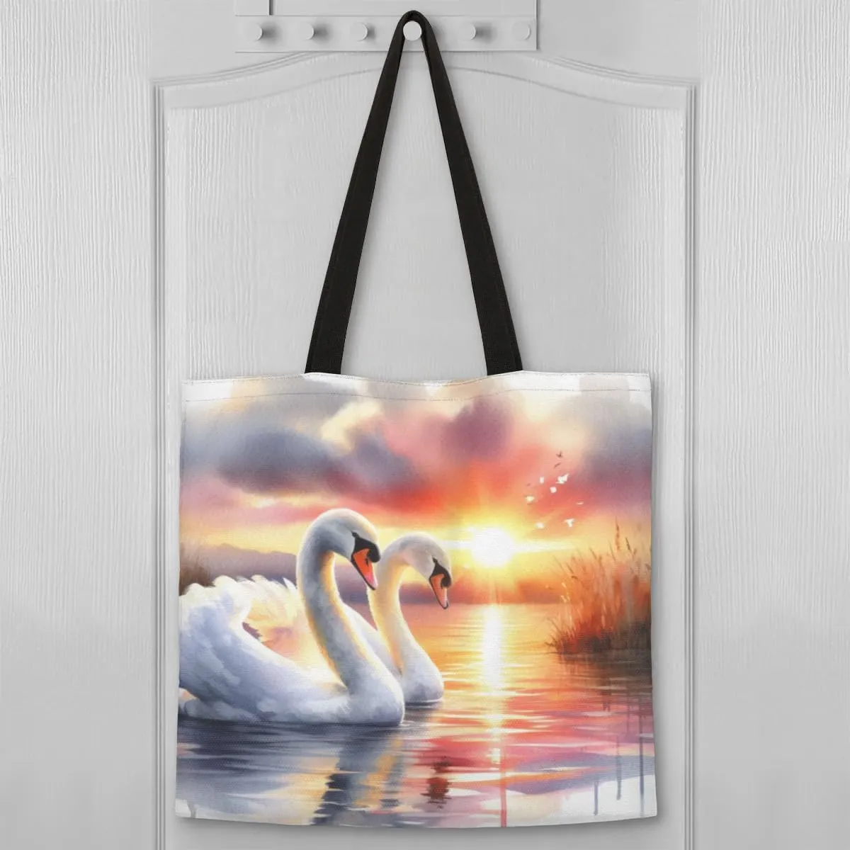 Swans Lake Sunset Canvas Tote Bag for Women Men Stylish Tote Handbag Shoulder Bag Reusable Grocery Bag