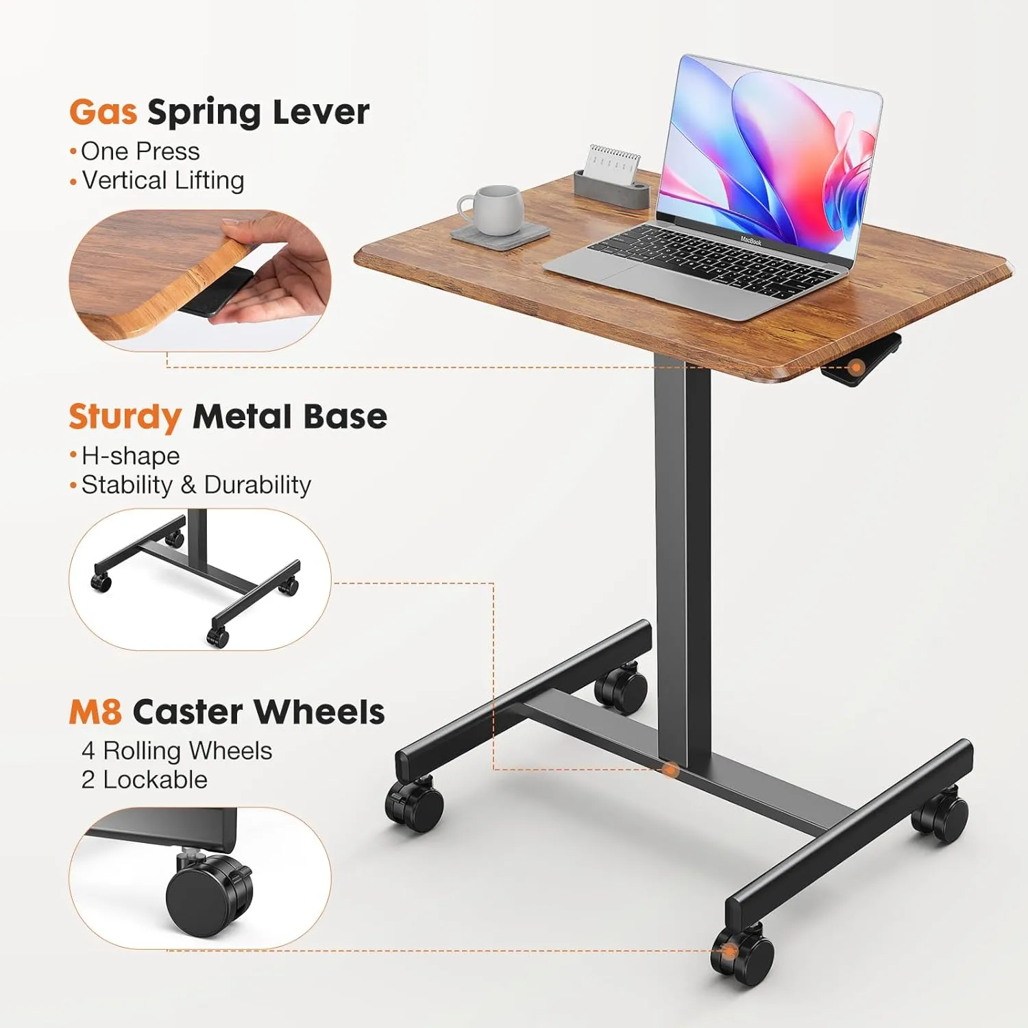 Sweetcrispy Mobile Small Standing Desk - Sit Stand Portable Rolling Laptop Desk with Lockable Wheels, Adjustable Height Computer Workstations, Brown