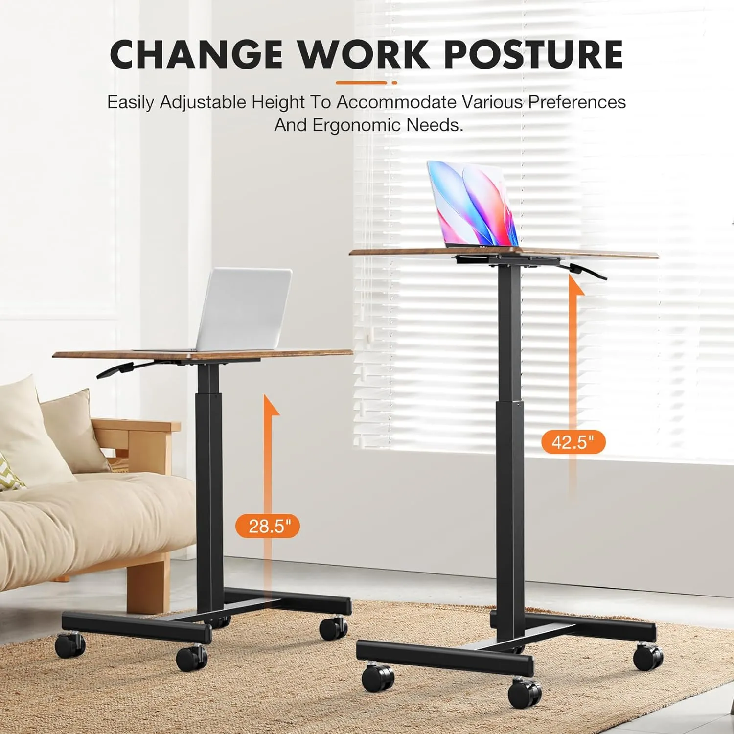 Sweetcrispy Mobile Small Standing Desk - Sit Stand Portable Rolling Laptop Desk with Lockable Wheels, Adjustable Height Computer Workstations, Brown