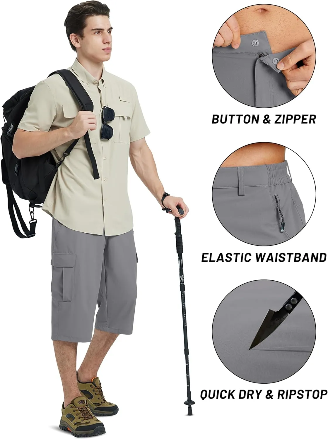 TACVASEN Men's Capri Pants Cargo Long Shorts Quick Dry Lightweight 3/4 Pants Below Knee Summer Hiking Work