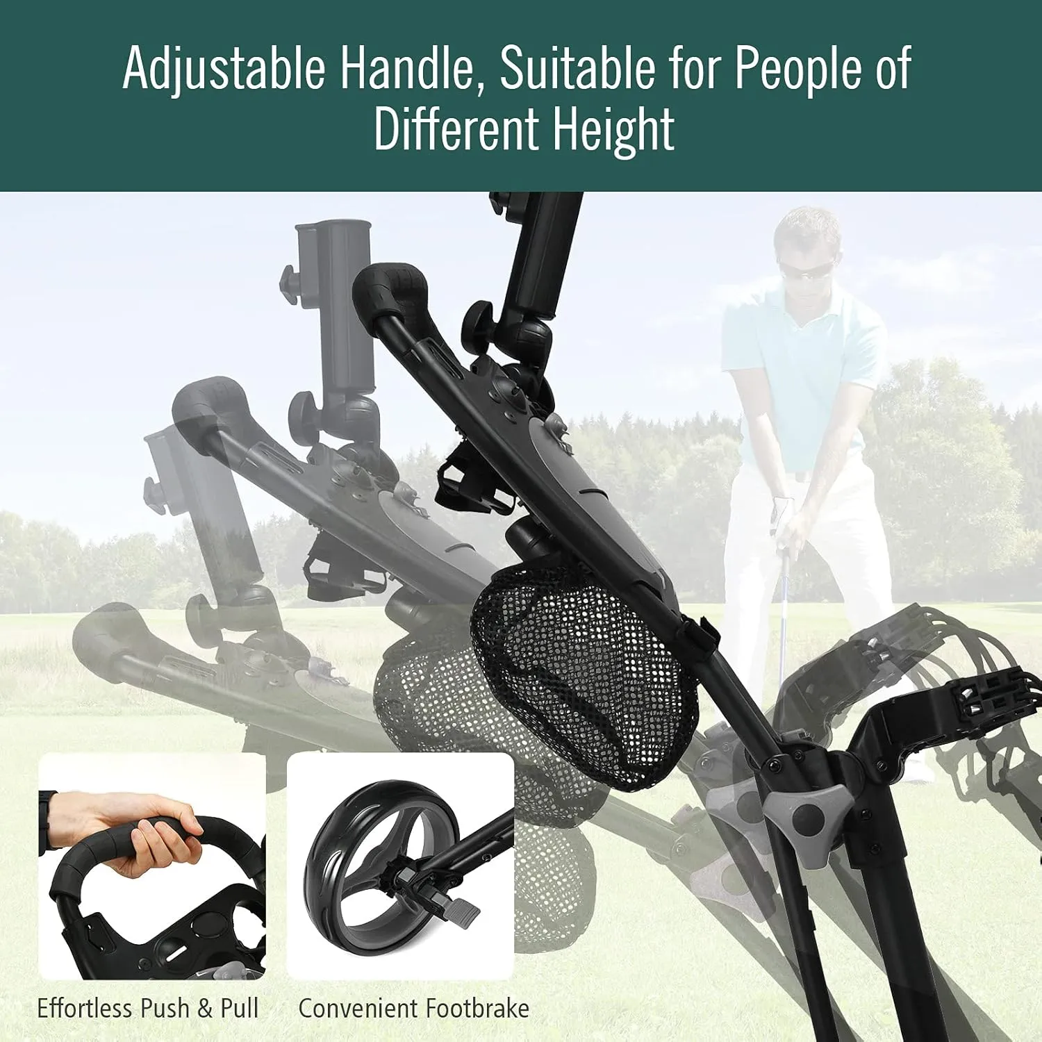 Tangkula Golf Push Pull Cart, Lightweight Aluminum Collapsible 3 Wheels Golf Push Cart, Golf Trolley W/Storage Bag & Beverage Holder, Foot Brake, Adjustable Umbrella Holder, 4 Height Position Handle