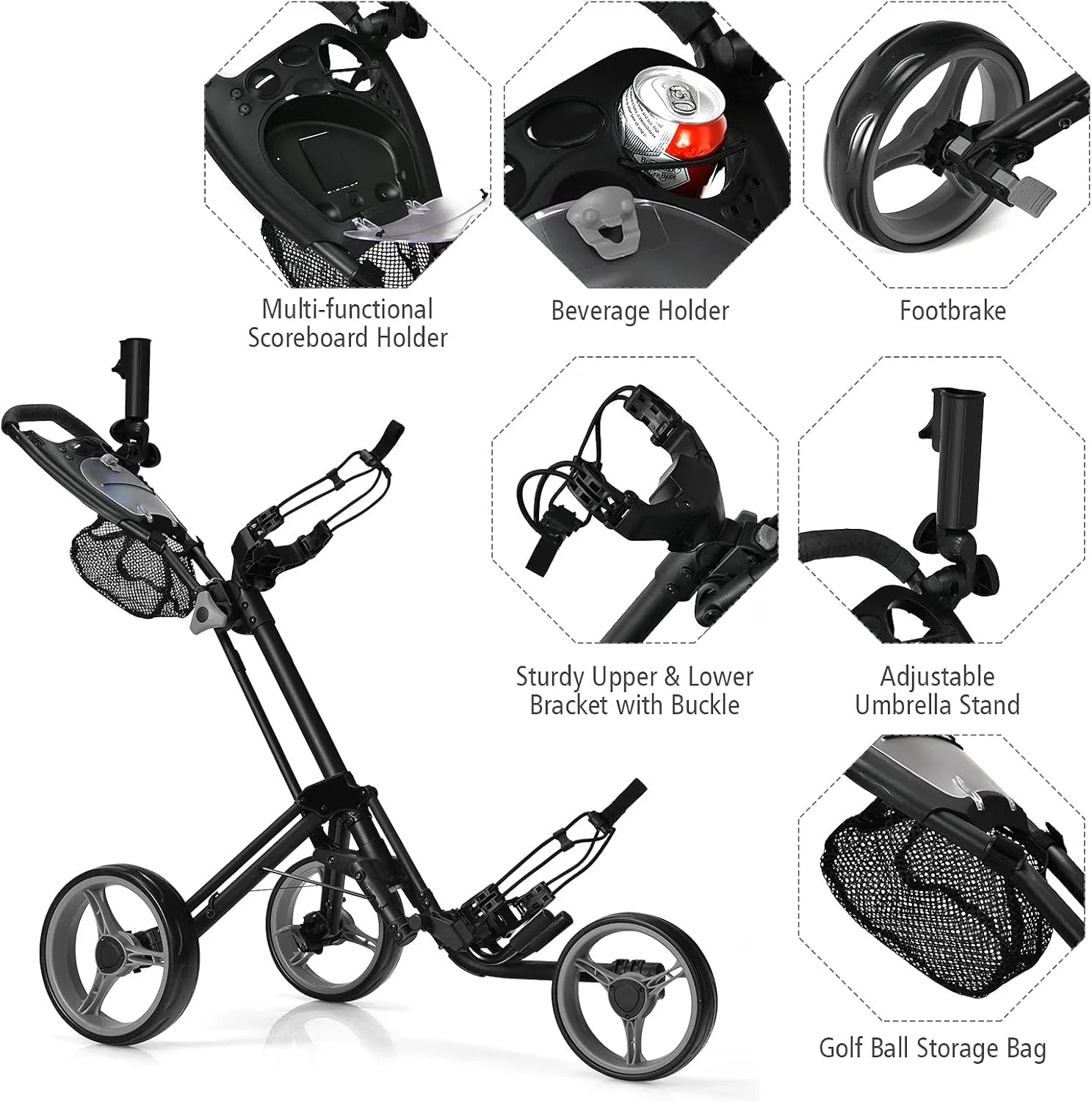 Tangkula Golf Push Pull Cart, Lightweight Aluminum Collapsible 3 Wheels Golf Push Cart, Golf Trolley W/Storage Bag & Beverage Holder, Foot Brake, Adjustable Umbrella Holder, 4 Height Position Handle