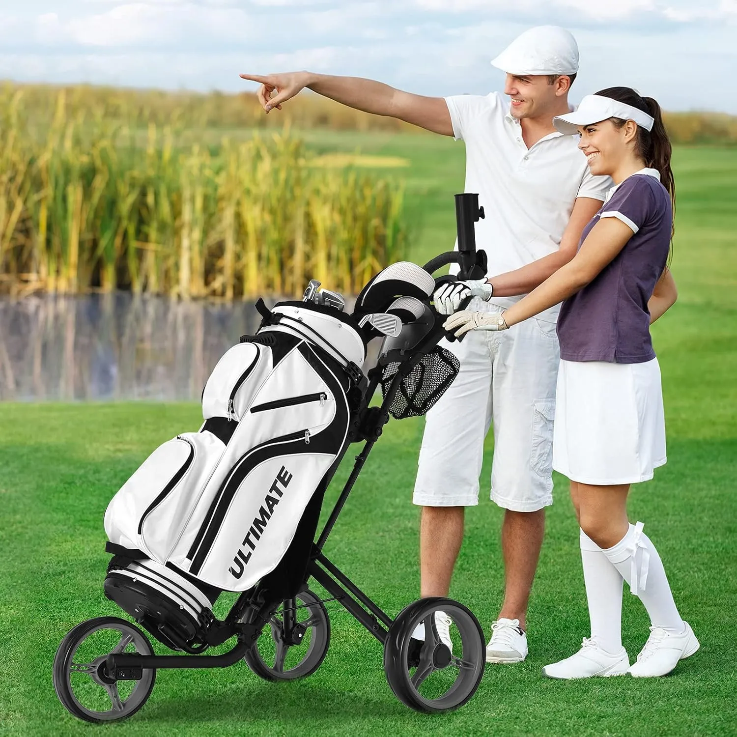 Tangkula Golf Push Pull Cart, Lightweight Aluminum Collapsible 3 Wheels Golf Push Cart, Golf Trolley W/Storage Bag & Beverage Holder, Foot Brake, Adjustable Umbrella Holder, 4 Height Position Handle