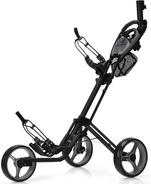 Tangkula Golf Push Pull Cart, Lightweight Aluminum Collapsible 3 Wheels Golf Push Cart, Golf Trolley W/Storage Bag & Beverage Holder, Foot Brake, Adjustable Umbrella Holder, 4 Height Position Handle