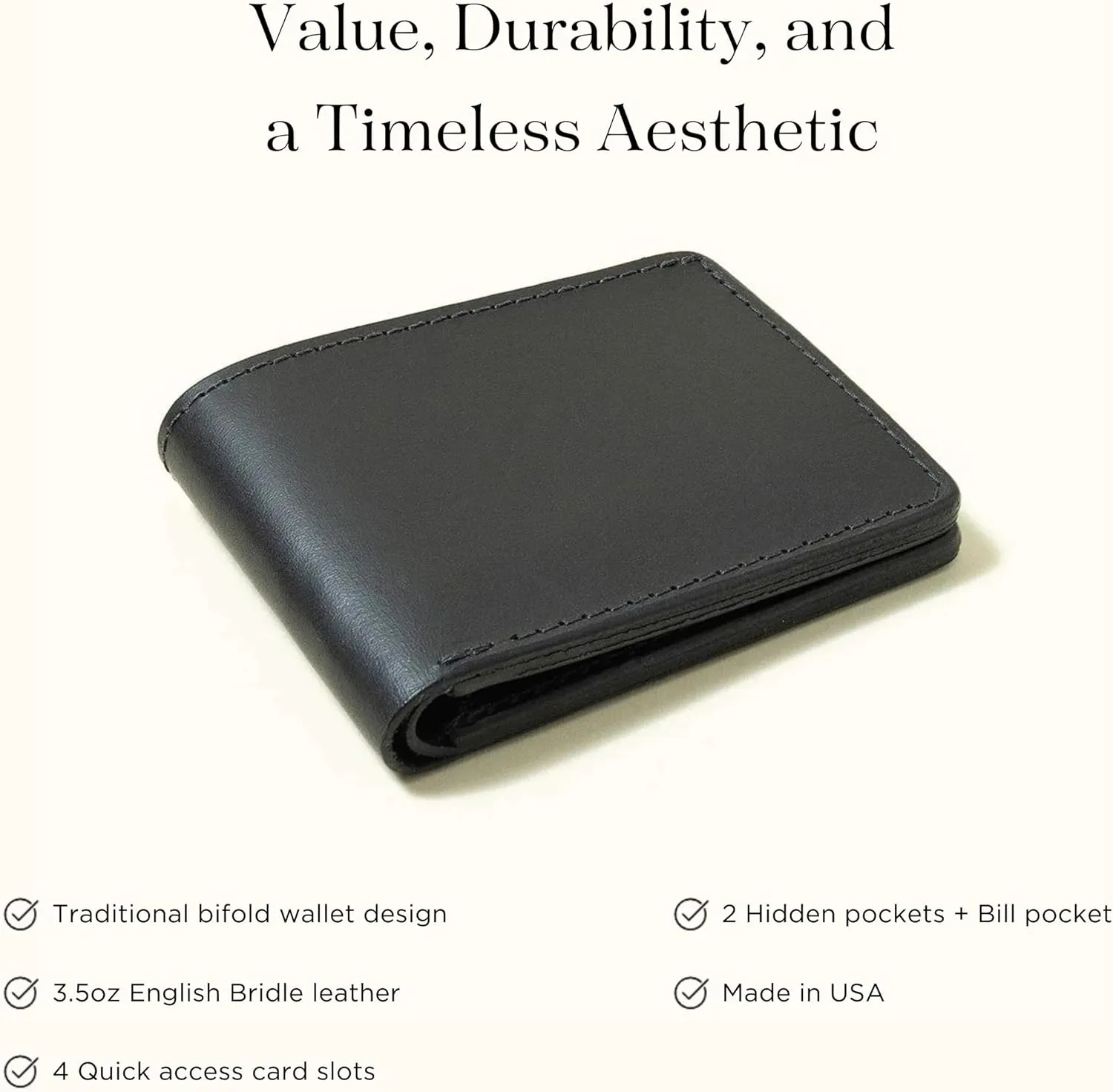TANNER GOODS Mens Wallet. Mens Leather Wallets. Utility Bifold 4 Card Pocket Wallet, Billfold Slot Cardholder. Made in USA, Black