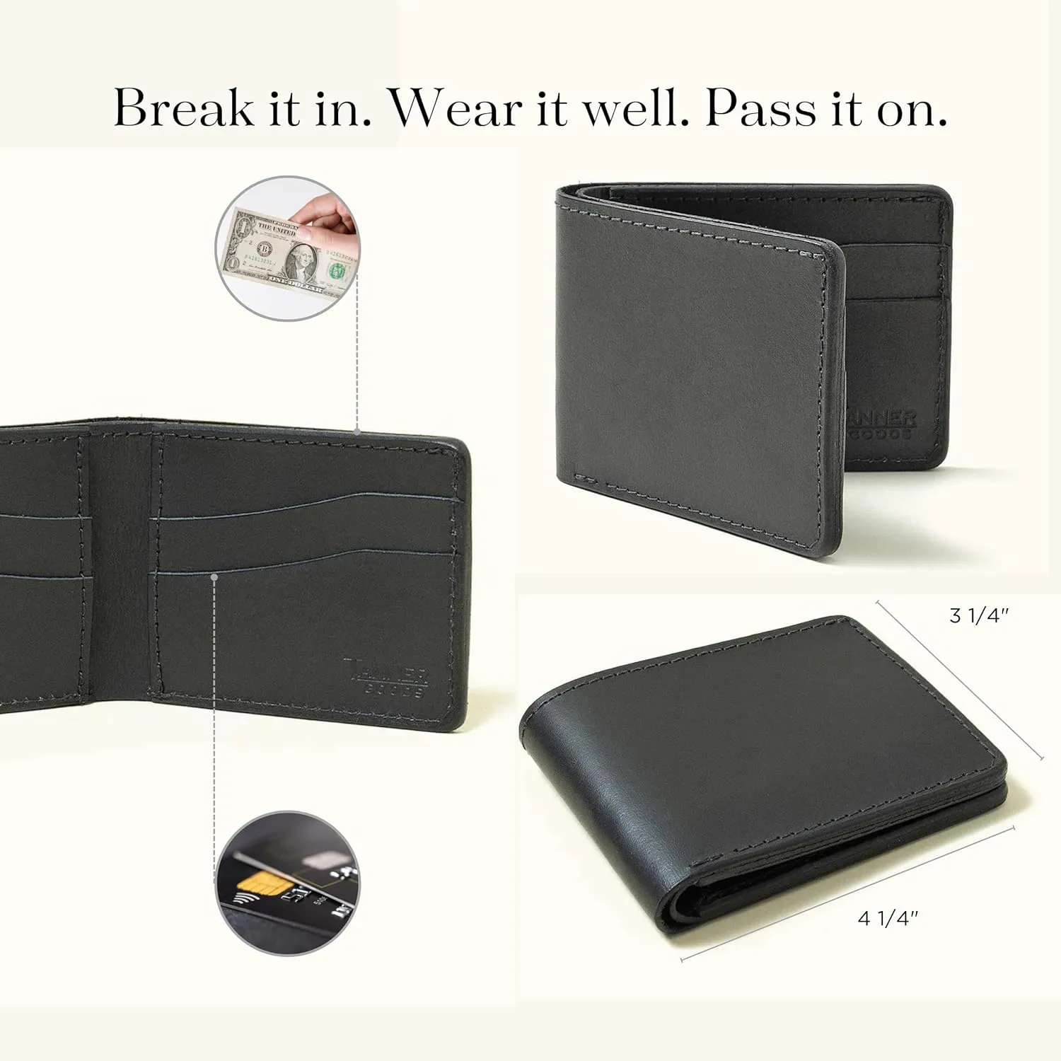 TANNER GOODS Mens Wallet. Mens Leather Wallets. Utility Bifold 4 Card Pocket Wallet, Billfold Slot Cardholder. Made in USA, Black
