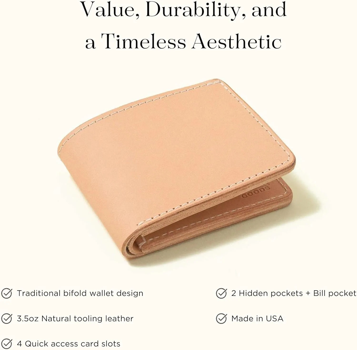 TANNER GOODS Mens Wallet. Mens Leather Wallets. Utility Bifold 4 Card Pocket Wallet, Billfold Slot Cardholder. Made in USA, Natural
