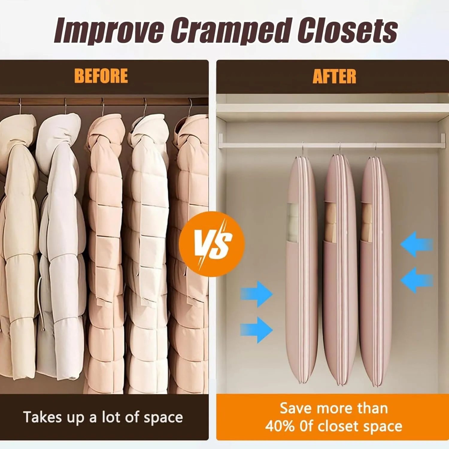 Taprinferior Hanging Garment Bag, 2025 Space Saving Hanging Garment Bag with Self Compression Zipper, Space Saver Dust Cover Closet Organizer, Dust Cover Clothes Bags down Coat (Beige, M)