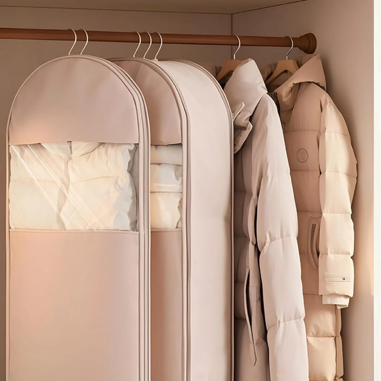 Taprinferior Hanging Garment Bag, 2025 Space Saving Hanging Garment Bag with Self Compression Zipper, Space Saver Dust Cover Closet Organizer, Dust Cover Clothes Bags down Coat (Beige, M)