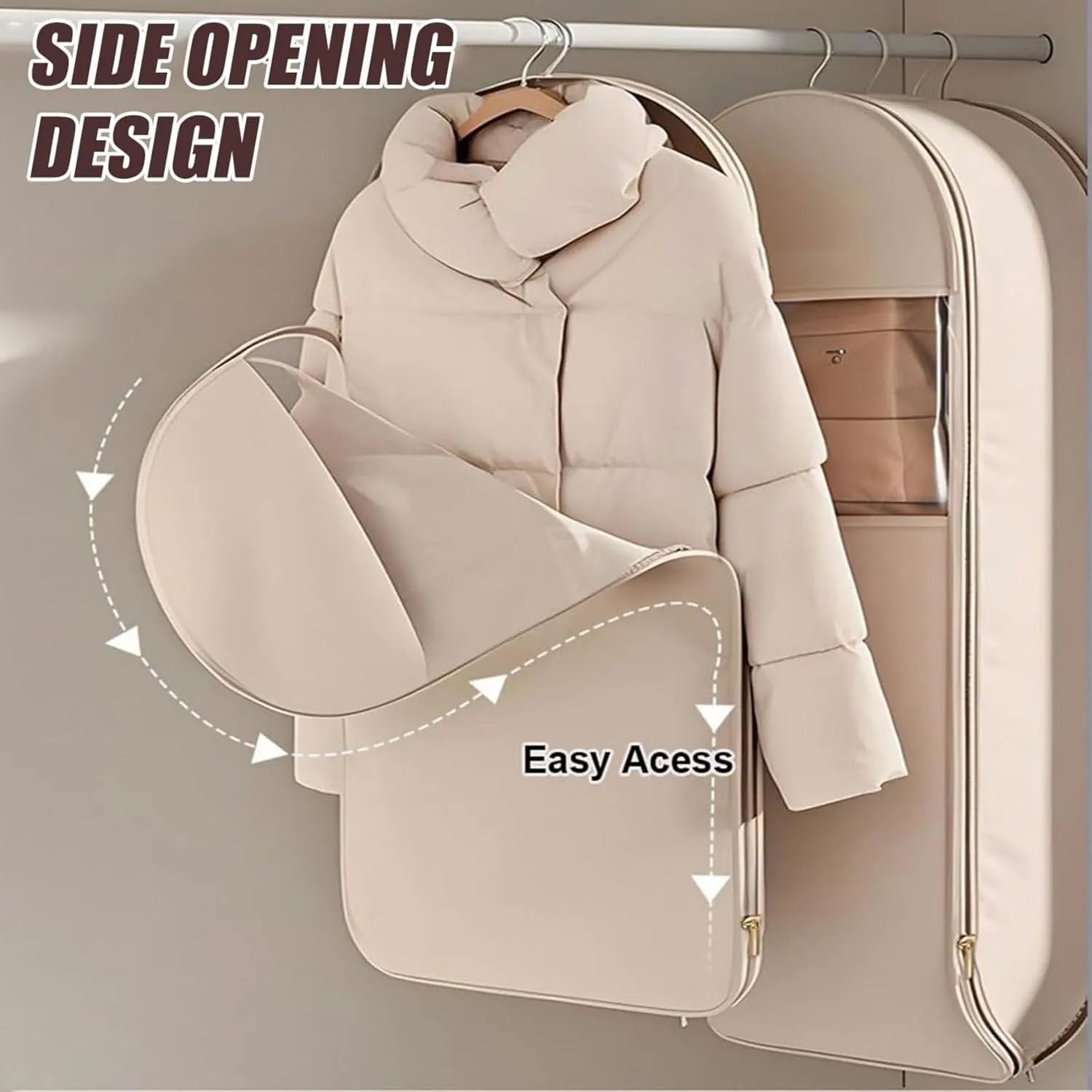 Taprinferior Hanging Garment Bag, 2025 Space Saving Hanging Garment Bag with Self Compression Zipper, Space Saver Dust Cover Closet Organizer, Dust Cover Clothes Bags down Coat (Beige, M)