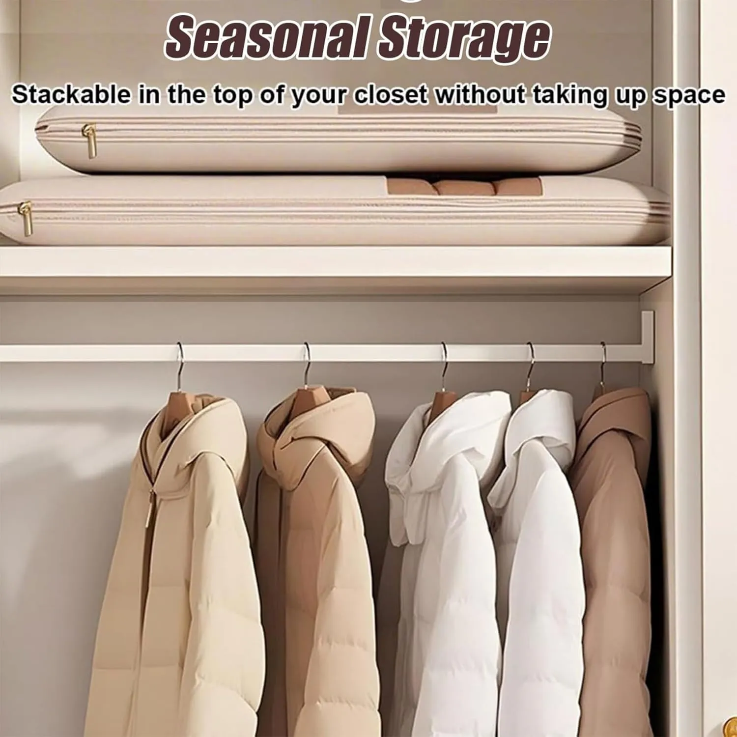 Taprinferior Hanging Garment Bag, 2025 Space Saving Hanging Garment Bag with Self Compression Zipper, Space Saver Dust Cover Closet Organizer, Dust Cover Clothes Bags down Coat (Beige, M)