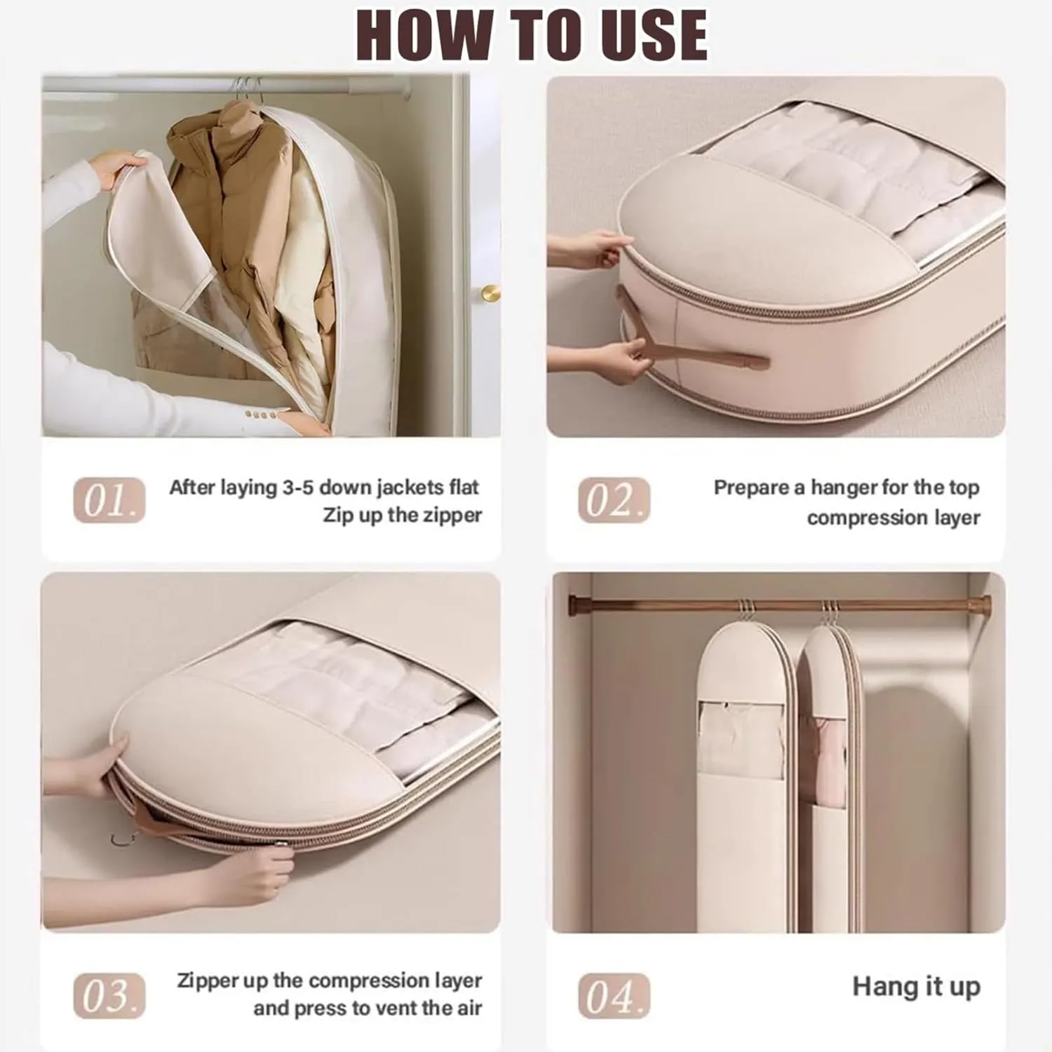 Taprinferior Hanging Garment Bag, 2025 Space Saving Hanging Garment Bag with Self Compression Zipper, Space Saver Dust Cover Closet Organizer, Dust Cover Clothes Bags down Coat (Beige, M)