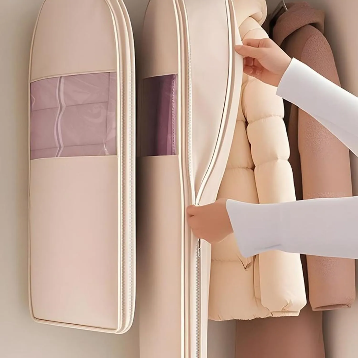 Taprinferior Hanging Garment Bag, 2025 Space Saving Hanging Garment Bag with Self Compression Zipper, Space Saver Dust Cover Closet Organizer, Dust Cover Clothes Bags down Coat (Beige, M)