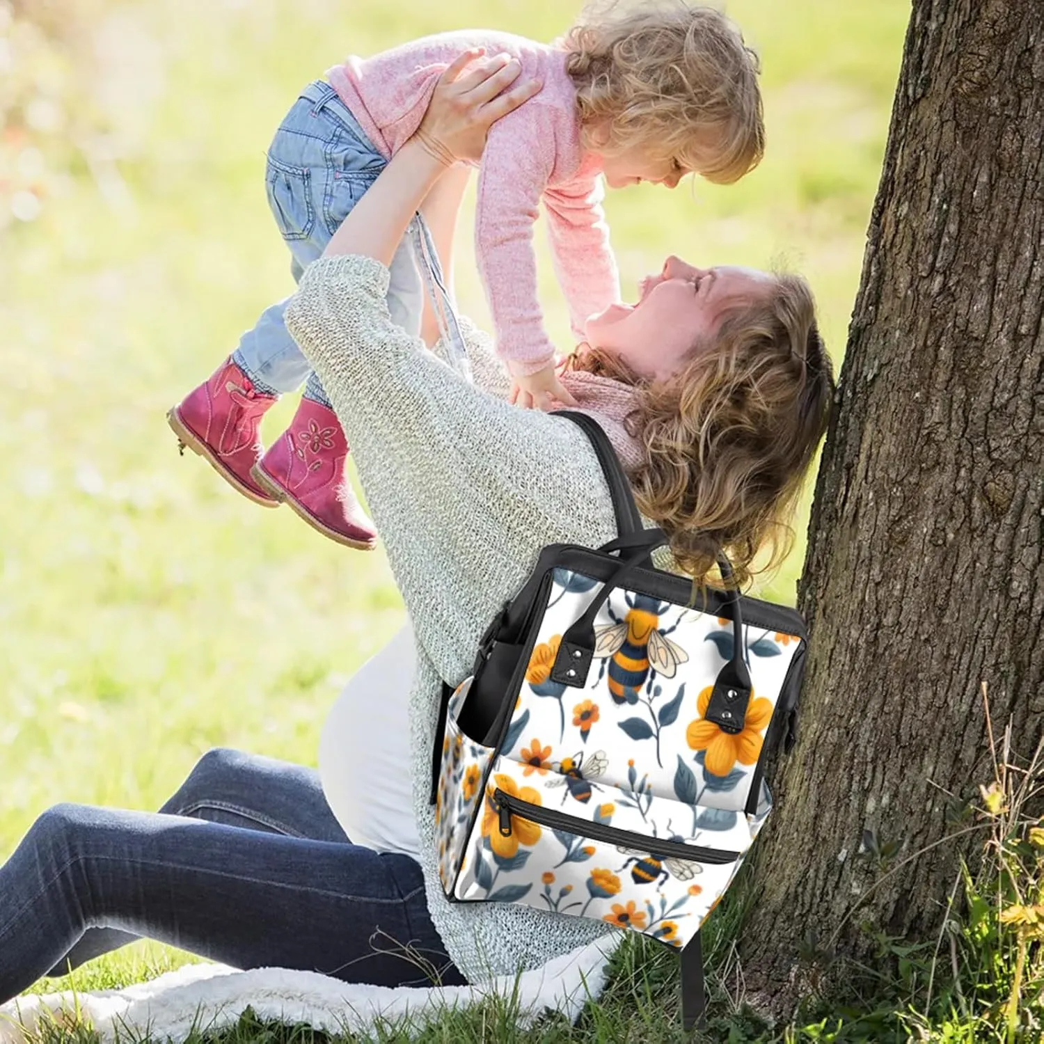 Tavisto Bee Bloom Harmony Double Shoulder Mommy Bag for Women, Polyester Large Capacity Diaper Backpack with Multi Pockets, Waterproof Adjustable Straps Diaper Bag for Moms Dads, 11''×7''×15.7''