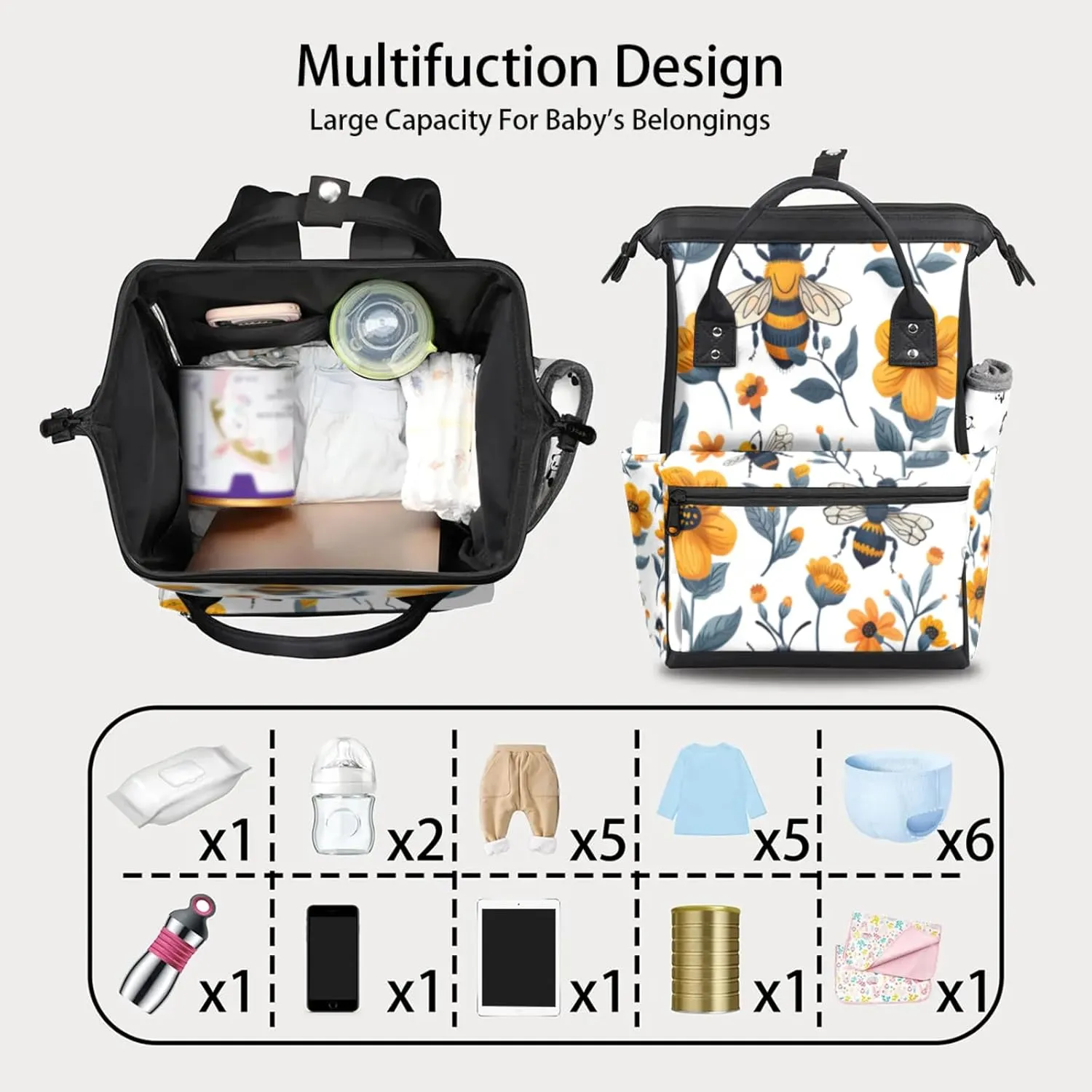 Tavisto Bee Bloom Harmony Double Shoulder Mommy Bag for Women, Polyester Large Capacity Diaper Backpack with Multi Pockets, Waterproof Adjustable Straps Diaper Bag for Moms Dads, 11''×7''×15.7''