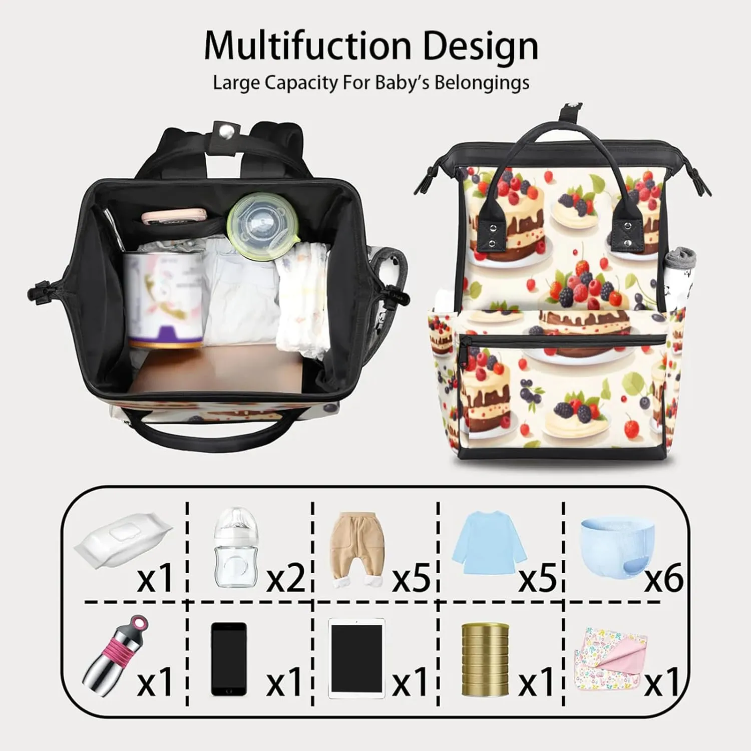Tavisto Berry Cake Celebration Double Shoulder Mommy Bag for Women, Polyester Large Capacity Diaper Backpack with Multi Pockets, Waterproof Adjustable Straps Diaper Bag for Moms Dads, 11''×7''×15.7''