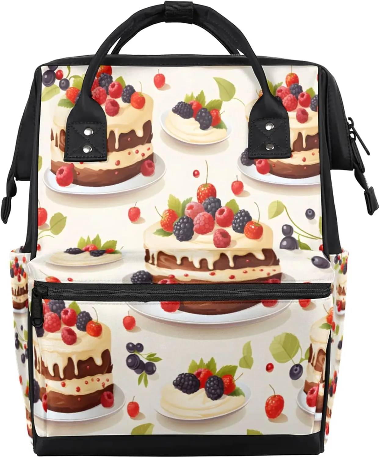 Tavisto Berry Cake Celebration Double Shoulder Mommy Bag for Women, Polyester Large Capacity Diaper Backpack with Multi Pockets, Waterproof Adjustable Straps Diaper Bag for Moms Dads, 11''×7''×15.7''