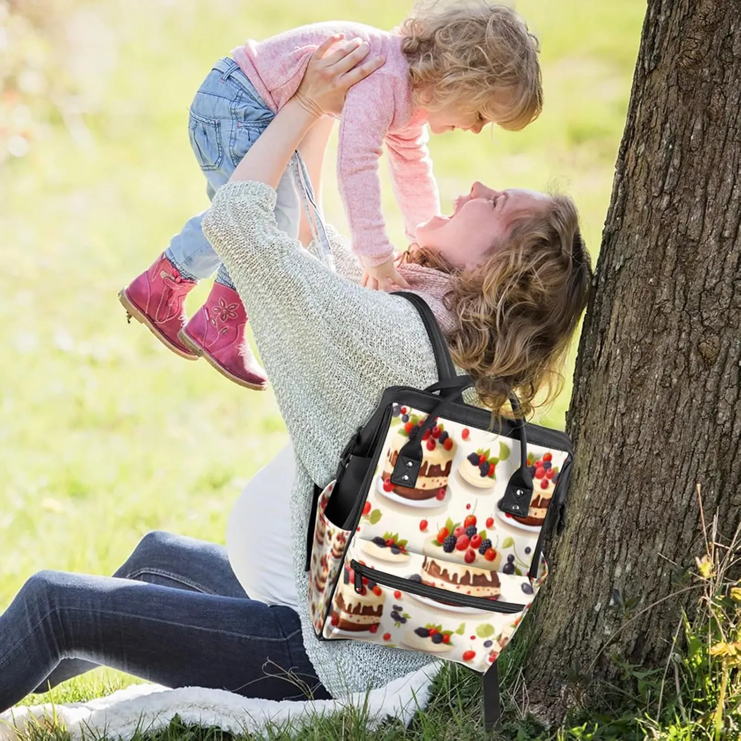 Tavisto Berry Cake Celebration Double Shoulder Mommy Bag for Women, Polyester Large Capacity Diaper Backpack with Multi Pockets, Waterproof Adjustable Straps Diaper Bag for Moms Dads, 11''×7''×15.7''