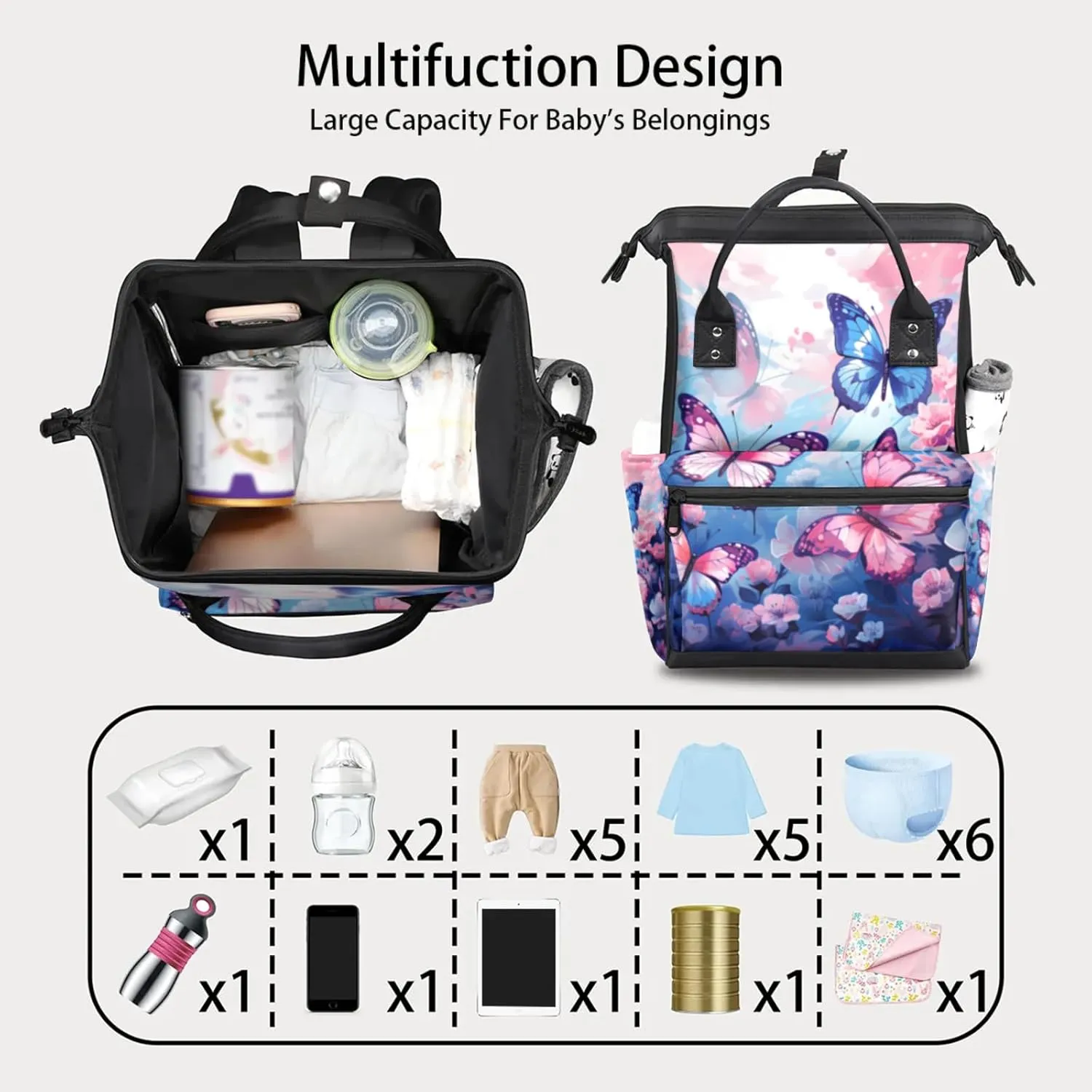 Tavisto Blue Butterfly Dreams Double Shoulder Mommy Bag for Women, Polyester Large Capacity Diaper Backpack with Multi Pockets, Waterproof Adjustable Straps Diaper Bag for Moms Dads, 11''×7''×15.7''