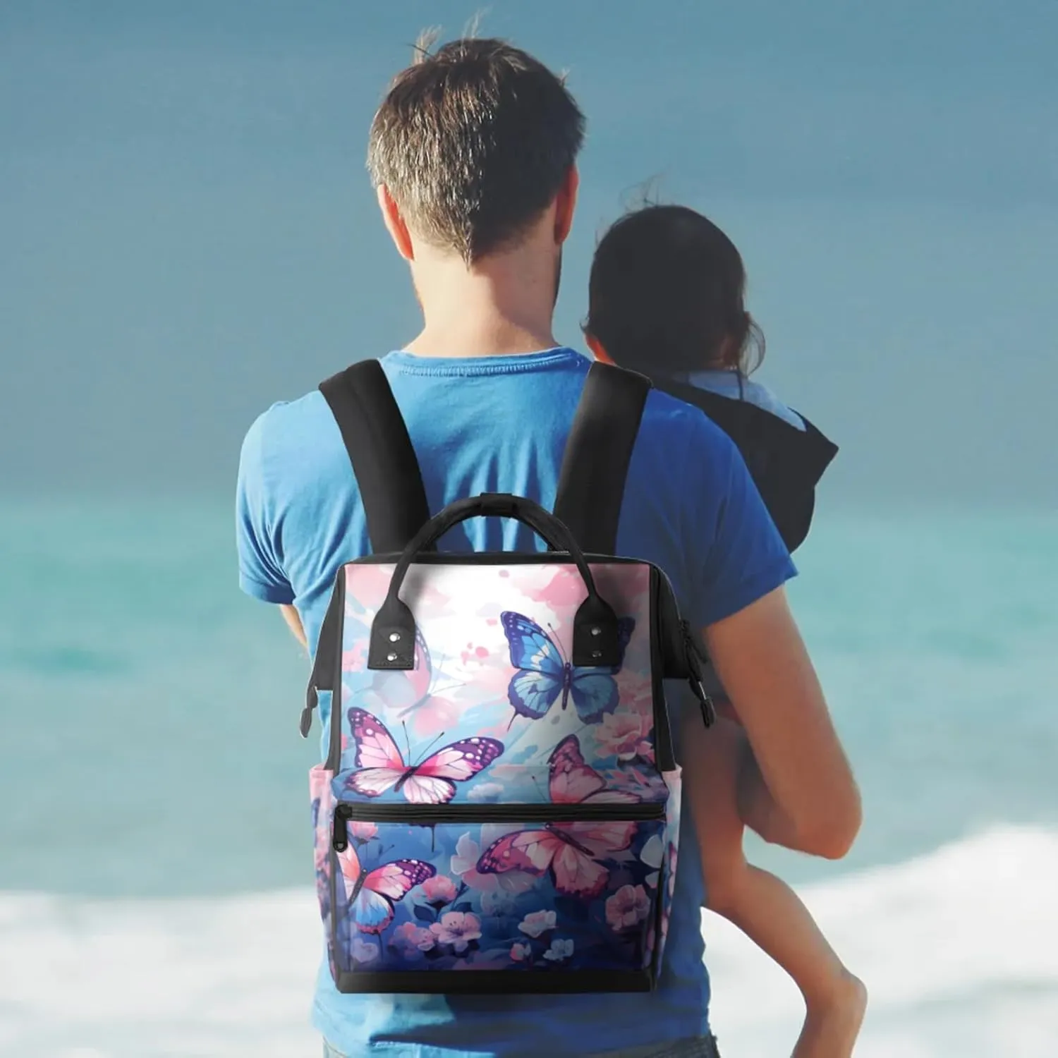 Tavisto Blue Butterfly Dreams Double Shoulder Mommy Bag for Women, Polyester Large Capacity Diaper Backpack with Multi Pockets, Waterproof Adjustable Straps Diaper Bag for Moms Dads, 11''×7''×15.7''
