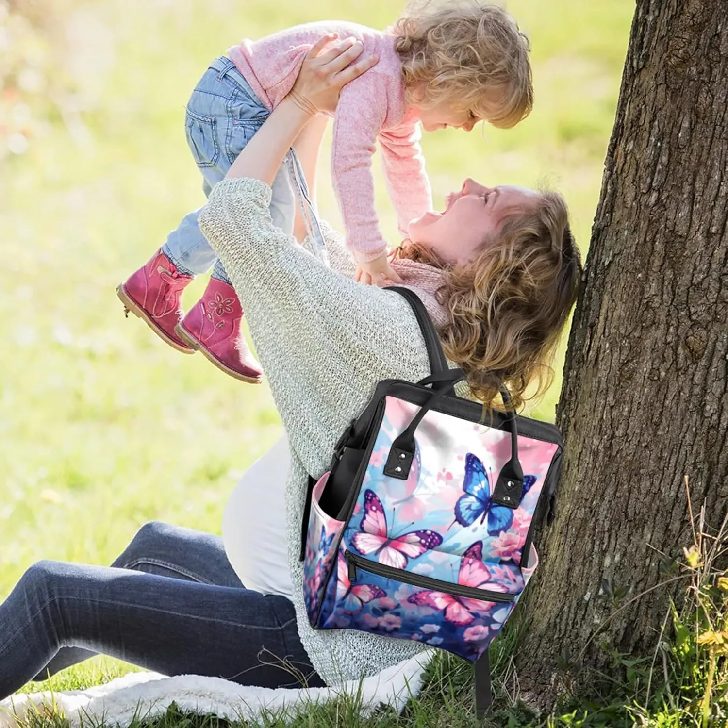 Tavisto Blue Butterfly Dreams Double Shoulder Mommy Bag for Women, Polyester Large Capacity Diaper Backpack with Multi Pockets, Waterproof Adjustable Straps Diaper Bag for Moms Dads, 11''×7''×15.7''