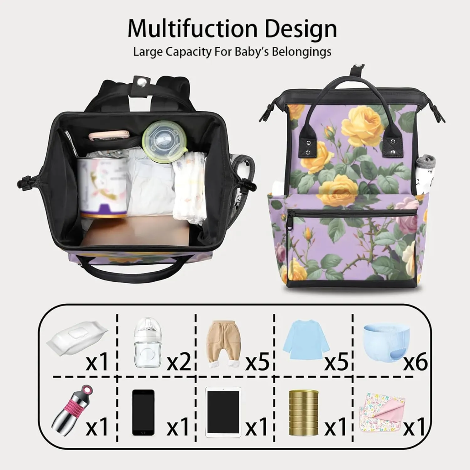 Tavisto Bold Floral Burst Double Shoulder Mommy Bag for Women, Polyester Large Capacity Diaper Backpack with Multi Pockets, Waterproof Adjustable Straps Diaper Bag for Moms Dads, 11''×7''×15.7''