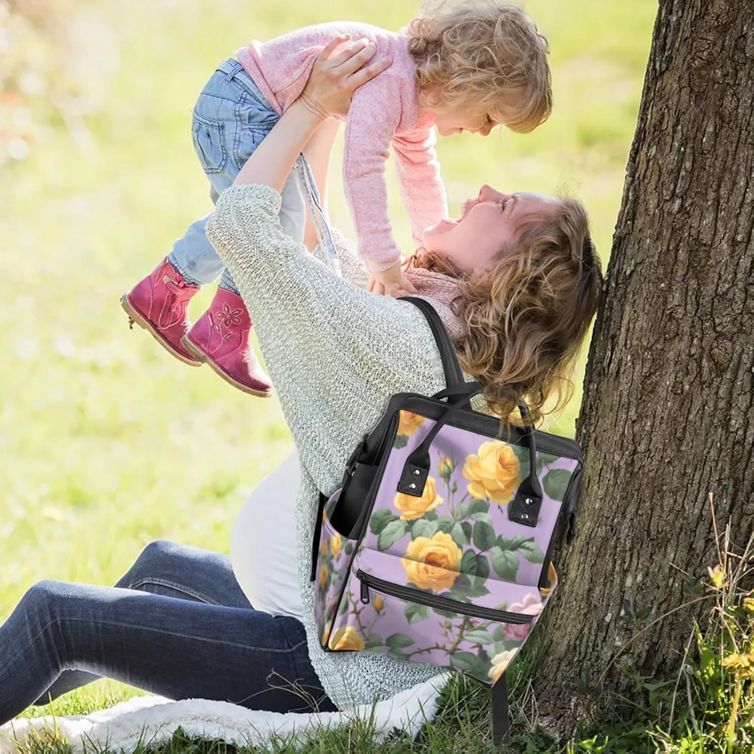 Tavisto Bold Floral Burst Double Shoulder Mommy Bag for Women, Polyester Large Capacity Diaper Backpack with Multi Pockets, Waterproof Adjustable Straps Diaper Bag for Moms Dads, 11''×7''×15.7''