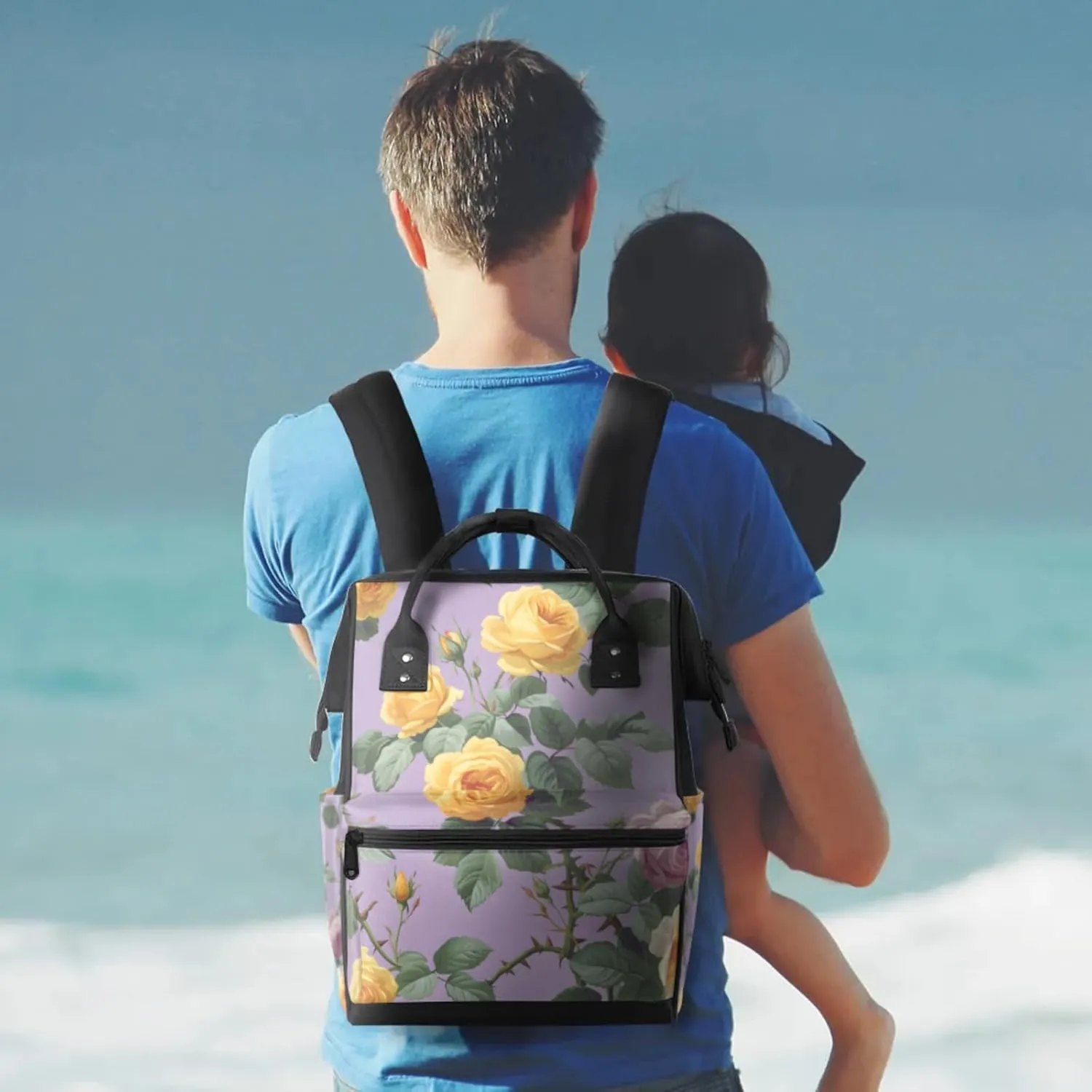 Tavisto Bold Floral Burst Double Shoulder Mommy Bag for Women, Polyester Large Capacity Diaper Backpack with Multi Pockets, Waterproof Adjustable Straps Diaper Bag for Moms Dads, 11''×7''×15.7''