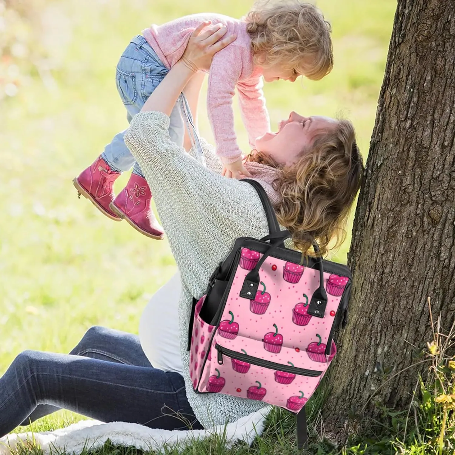 Tavisto Cherry Cupcake Delight Double Shoulder Mommy Bag for Women, Polyester Large Capacity Diaper Backpack with Multi Pockets, Waterproof Adjustable Straps Diaper Bag for Moms Dads, 11''×7''×15.7''